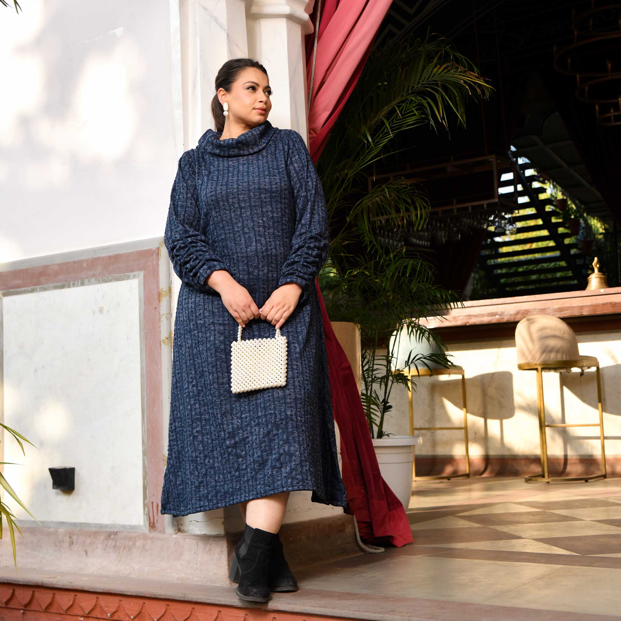 Buy Woollen Midnight Blue Fusion Stretchable Cowl Neck Aline Dress