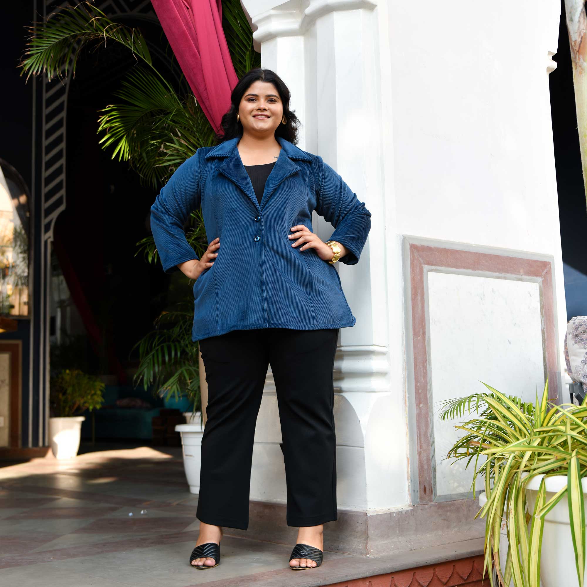 Woollen Cobalt Blue Corduroy Stretchable Coat