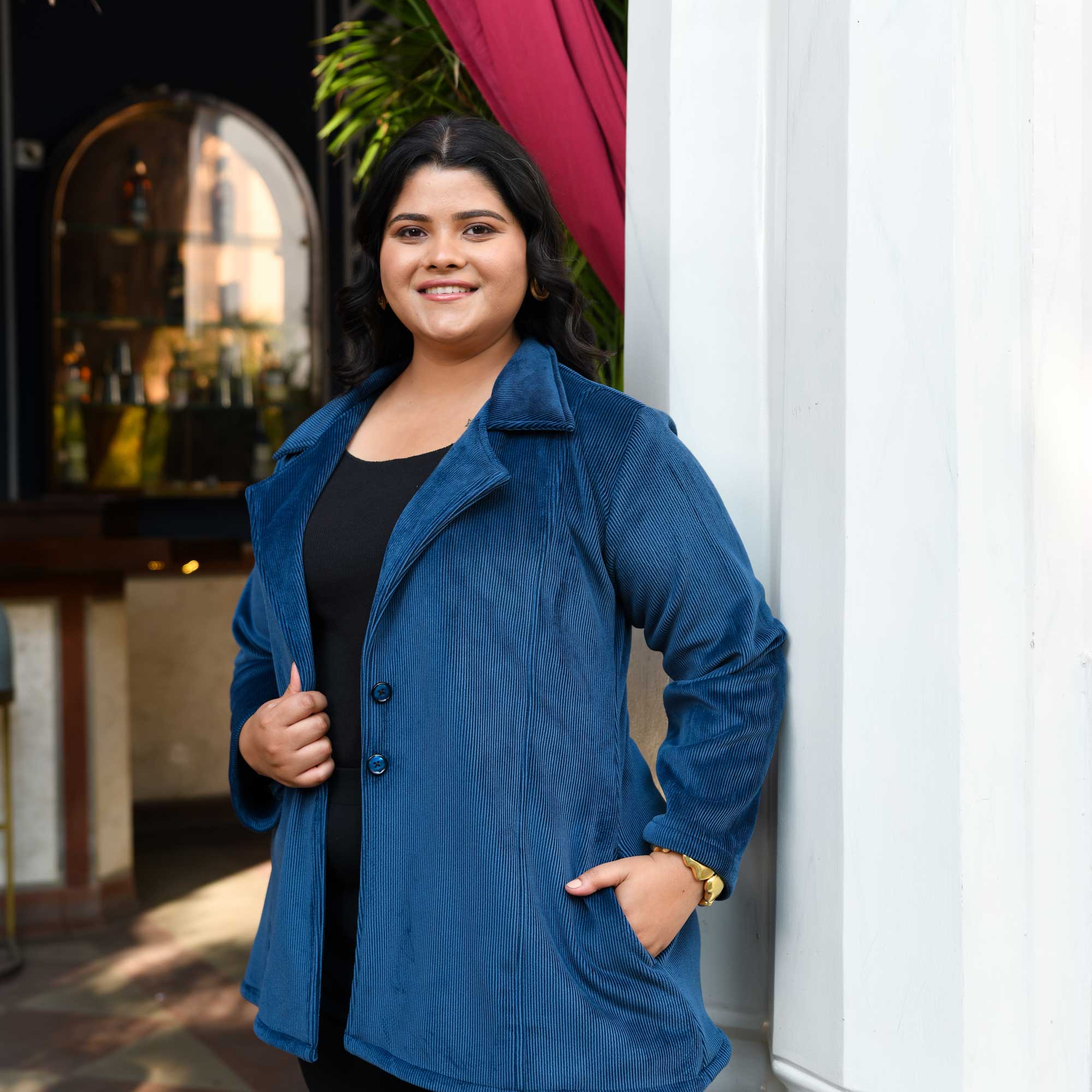 Woollen Cobalt Blue Corduroy Stretchable Coat