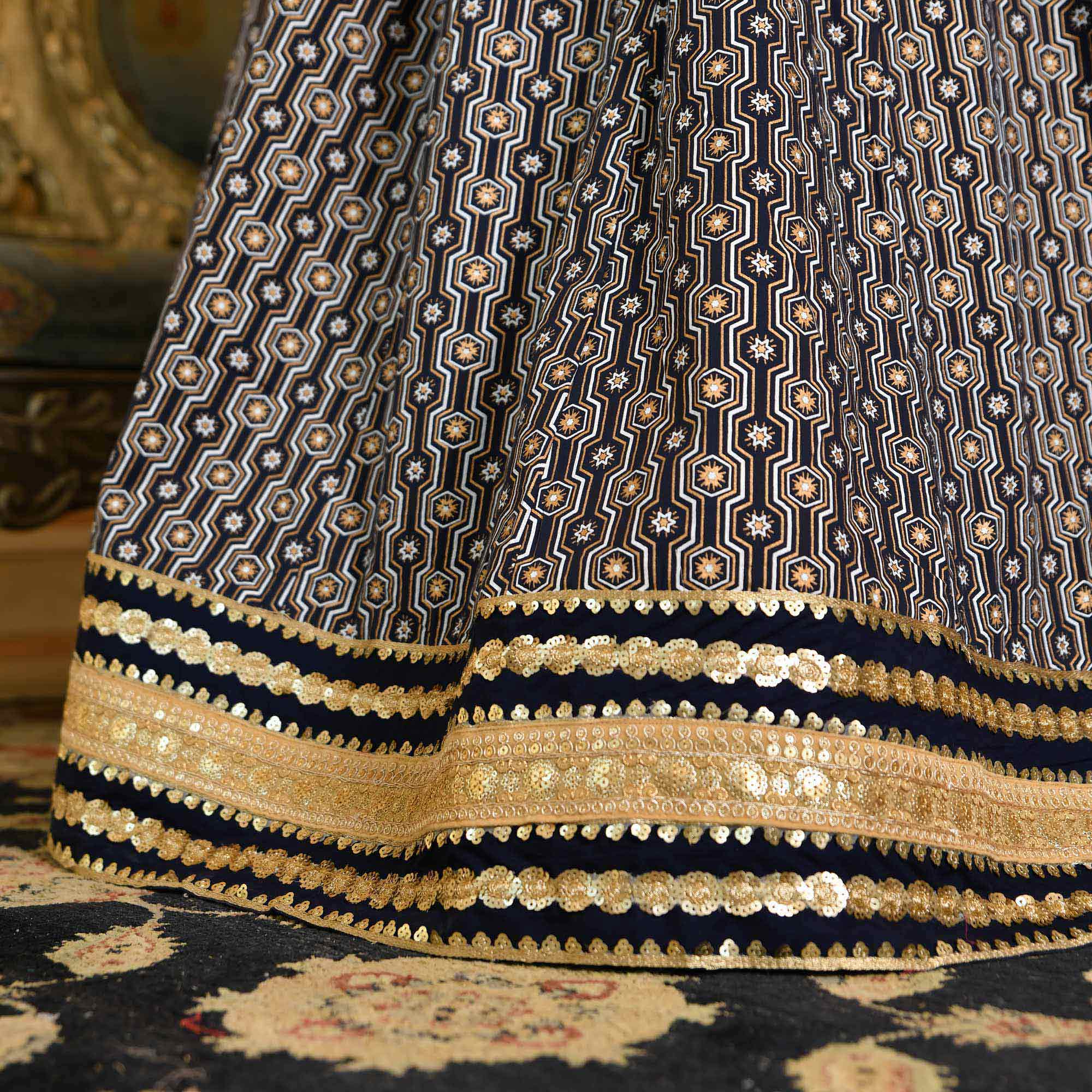 Malini- Navy Blue & Gold Sequin Embroidered Cotton Anarkali