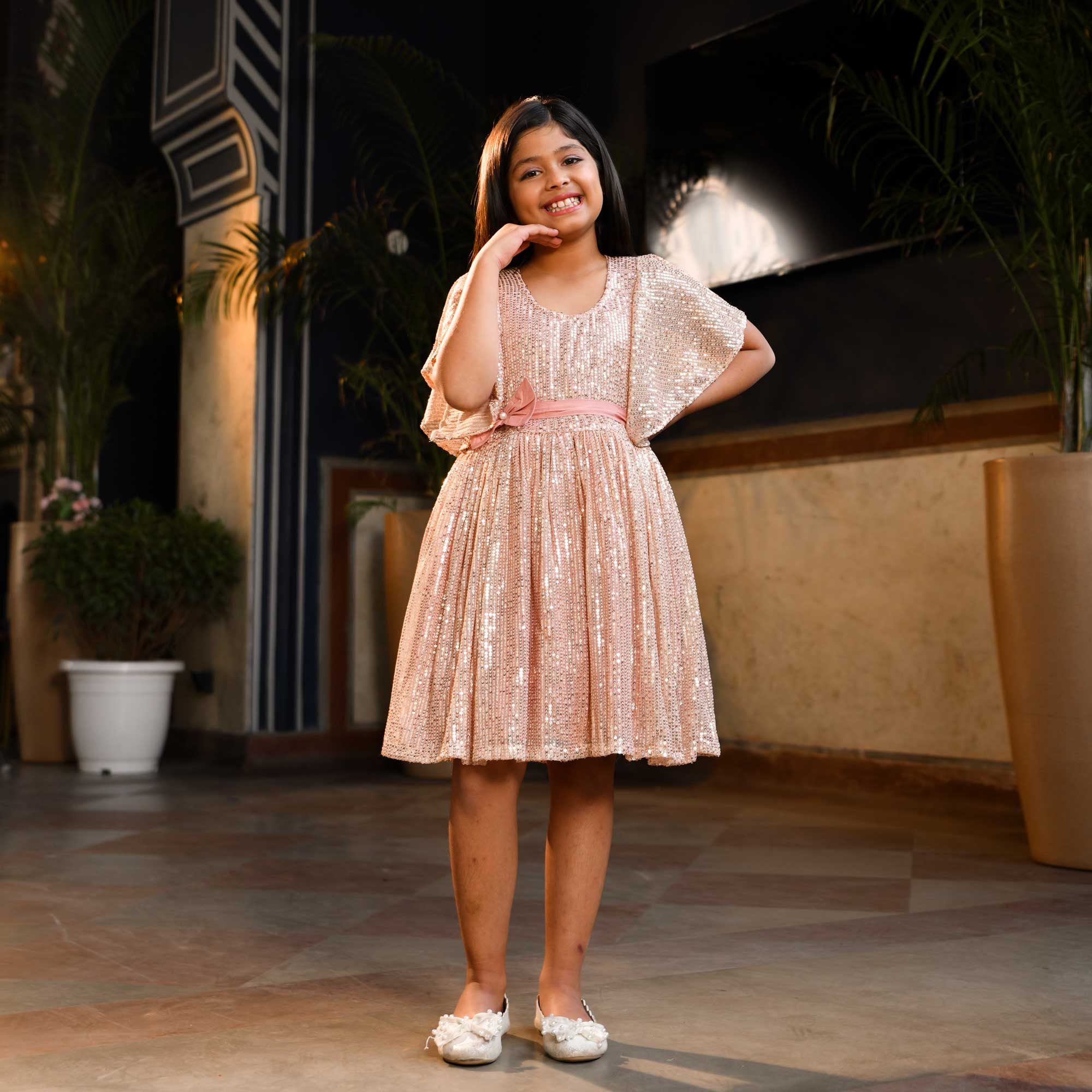 Blush Blossom Sequin Net Stretchable Kids Dress