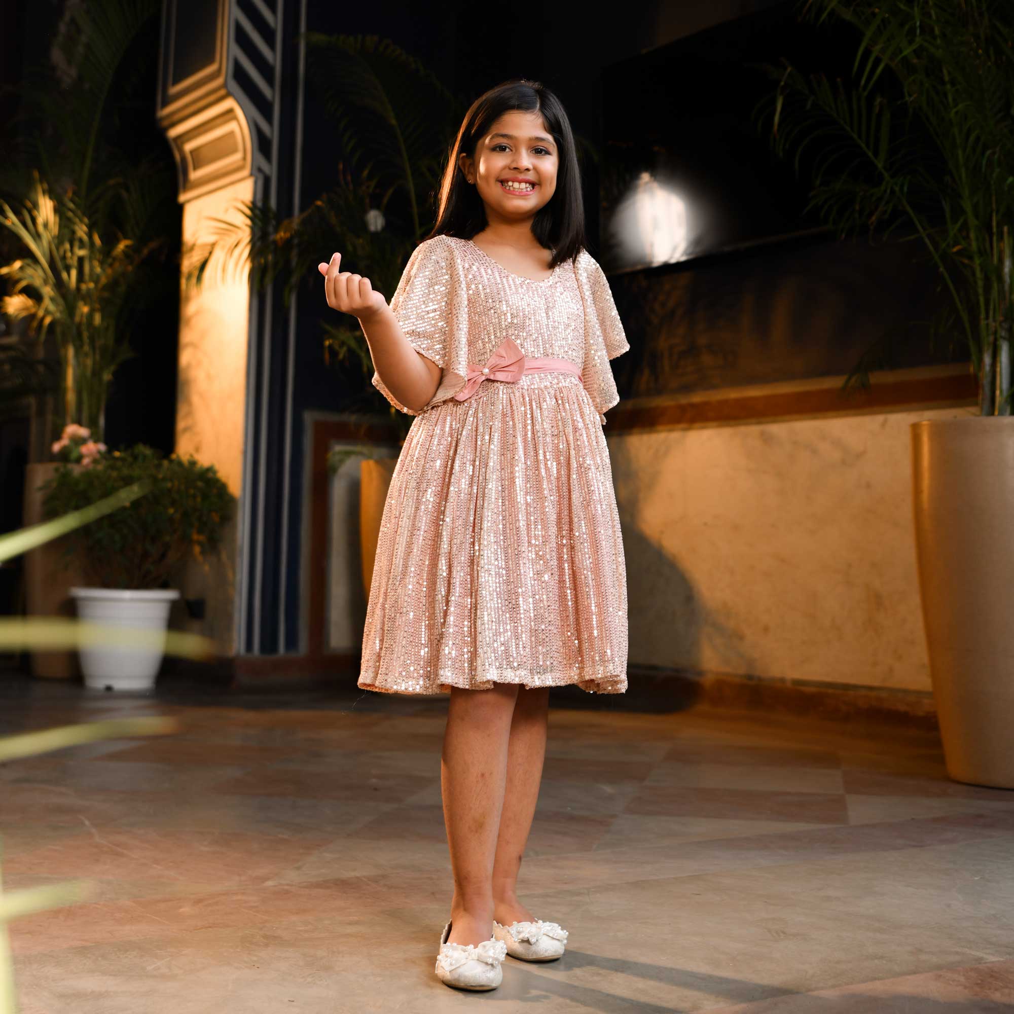 Blush Blossom Sequin Net Stretchable Kids Dress