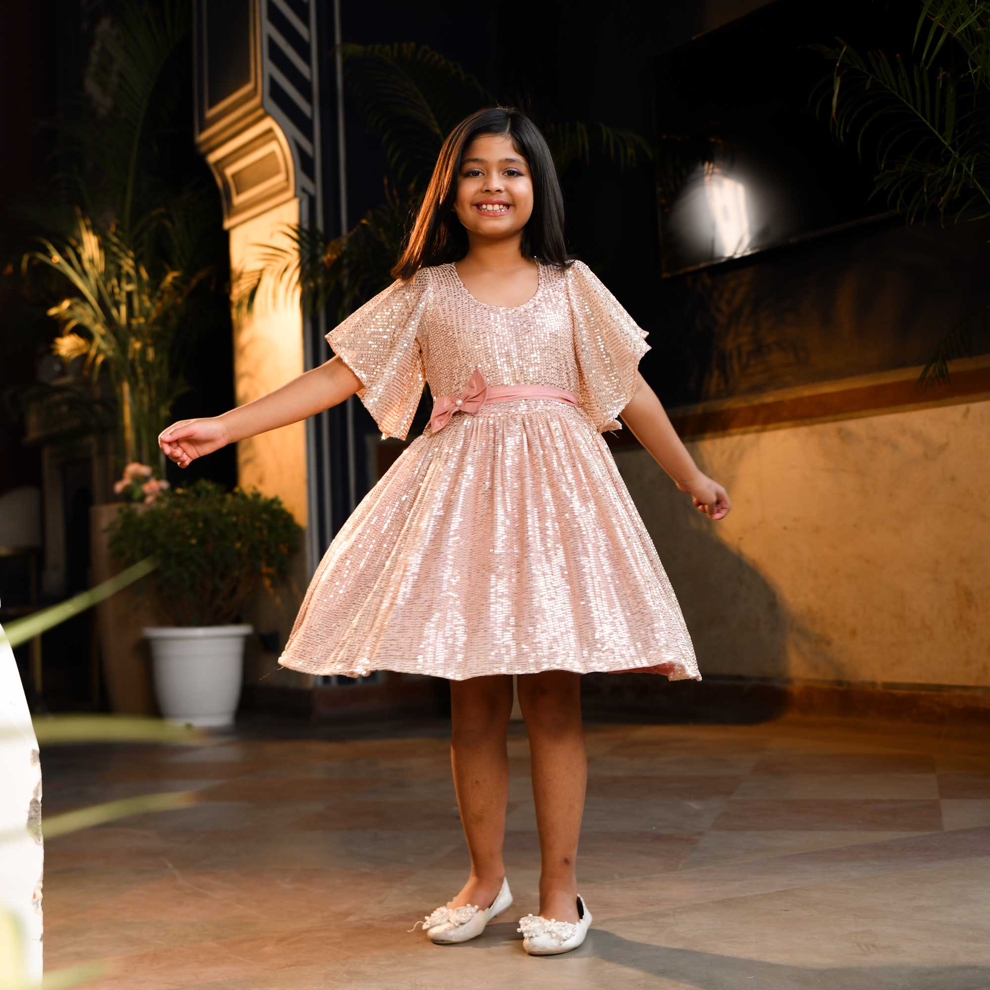 Blush Blossom Sequin Net Stretchable Kids Dress