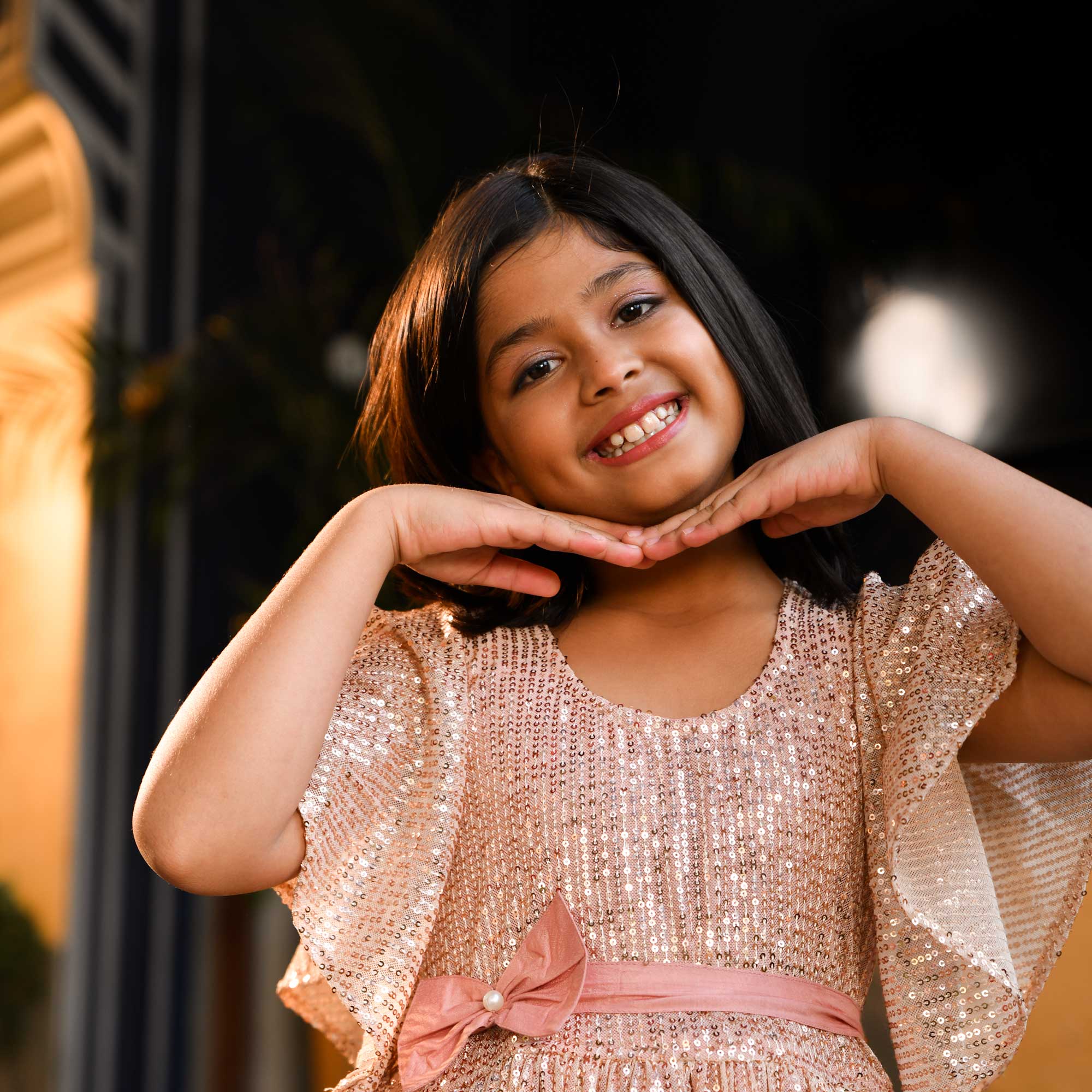 Blush Blossom Sequin Net Stretchable Kids Dress