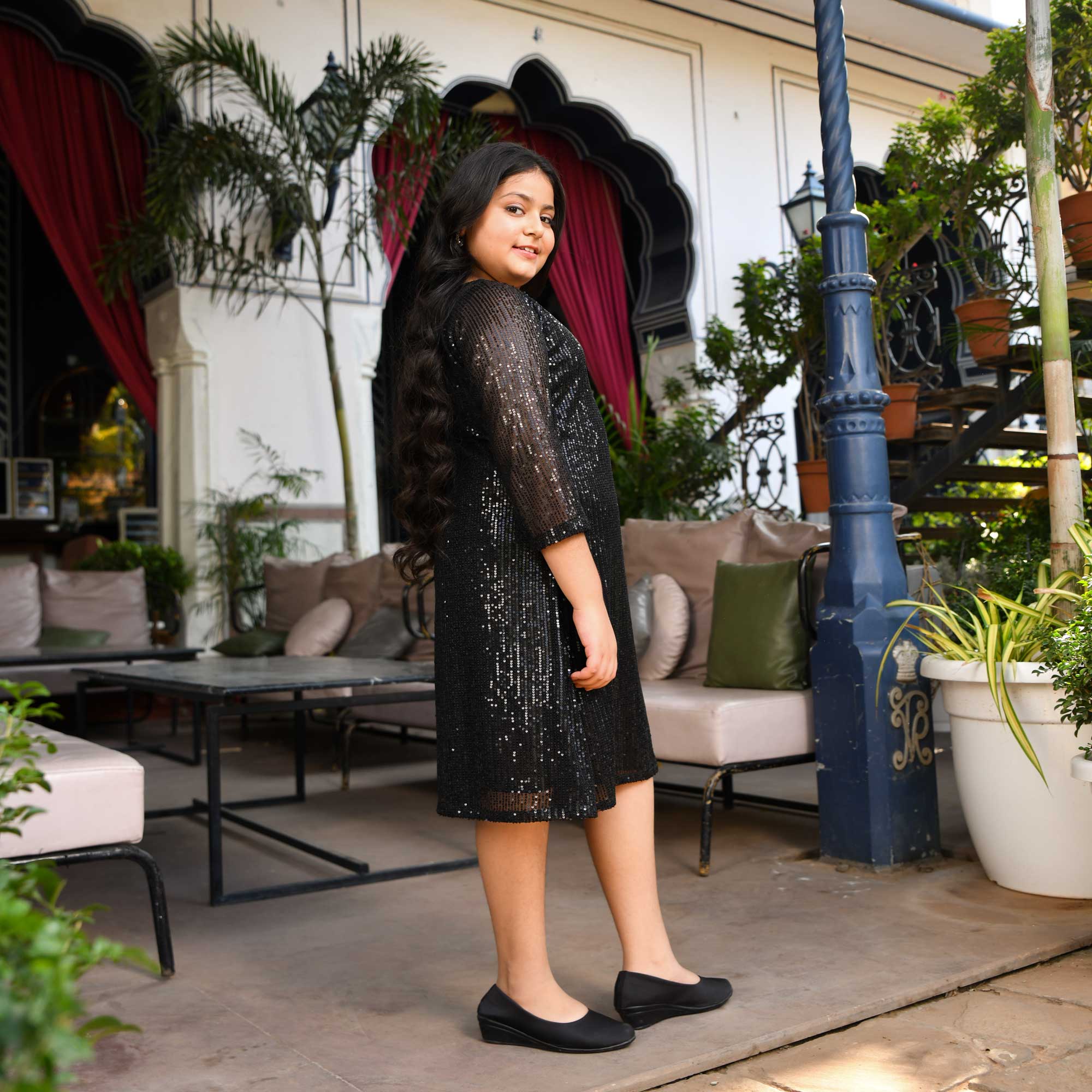 Starry Night Black Sequin Net Stretchable Kids Dress