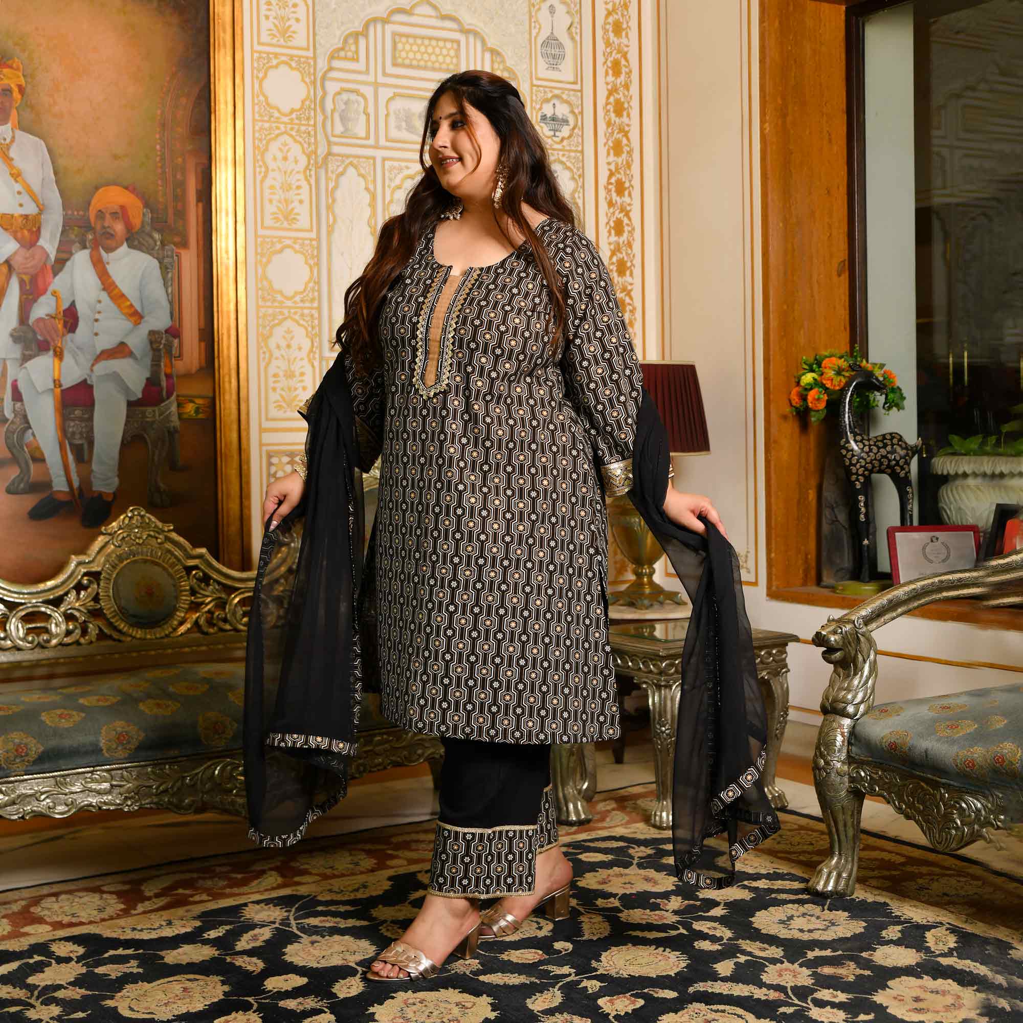 Jogi- Black & Gold Sequin Embroidered Cotton Suit Set