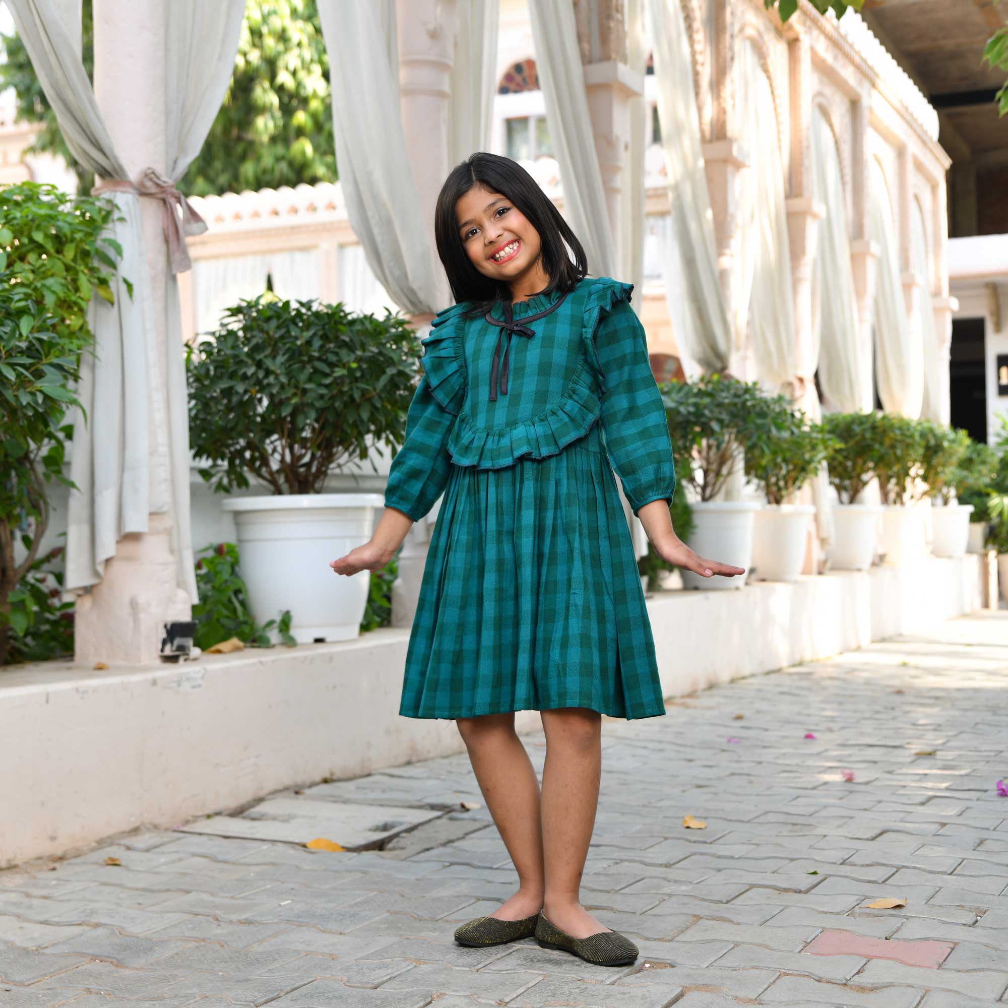 Woollen Teal Tartan Twirl Kids Dress