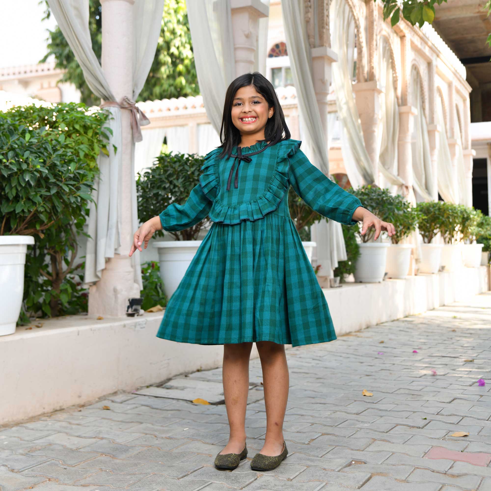 Woollen Teal Tartan Twirl Kids Dress