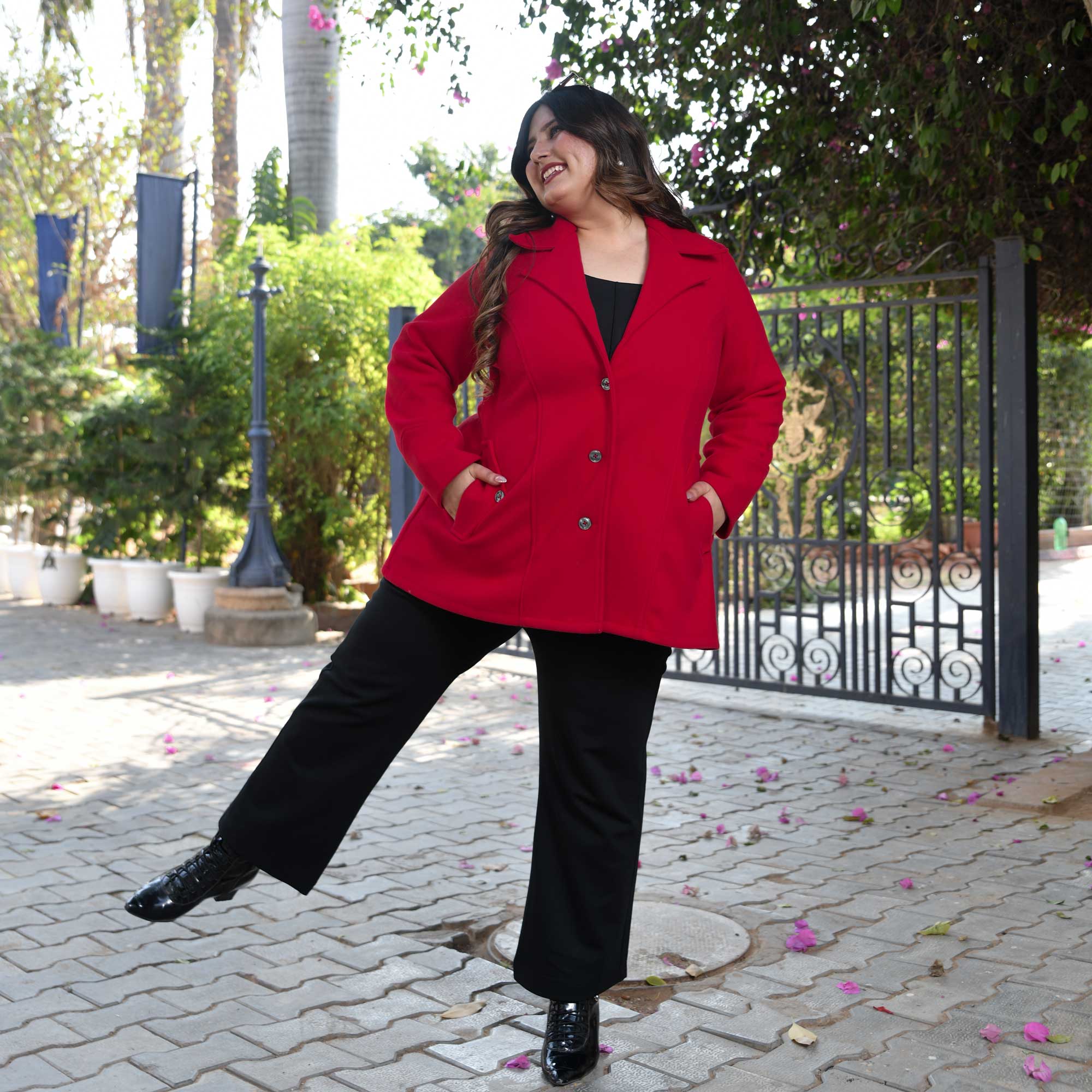 Woollen Cherry Red Stretchable Tweed Coat