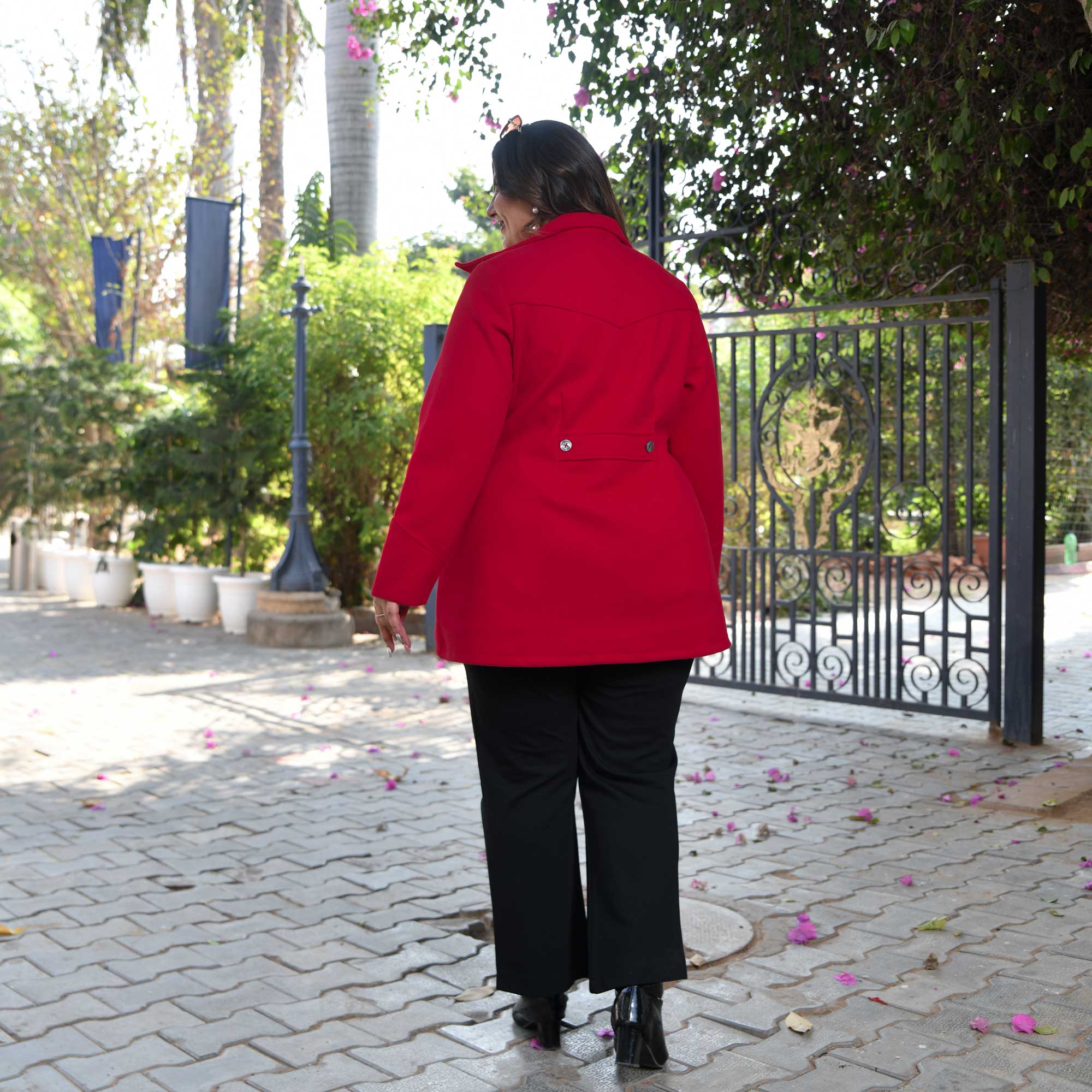 Woollen Cherry Red Stretchable Tweed Coat