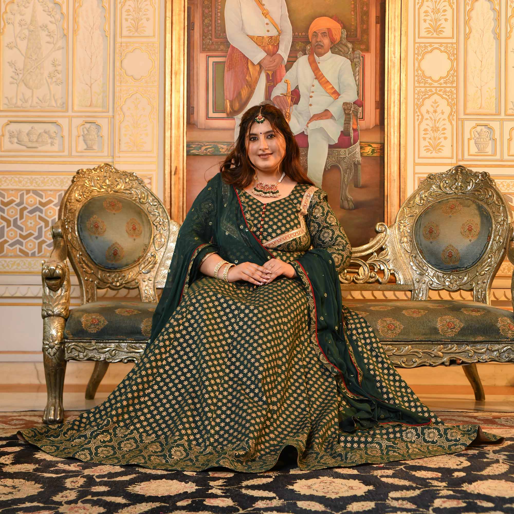 Sajda- Bottle Green & Gold Sequin Embroidered Cotton Anarkali