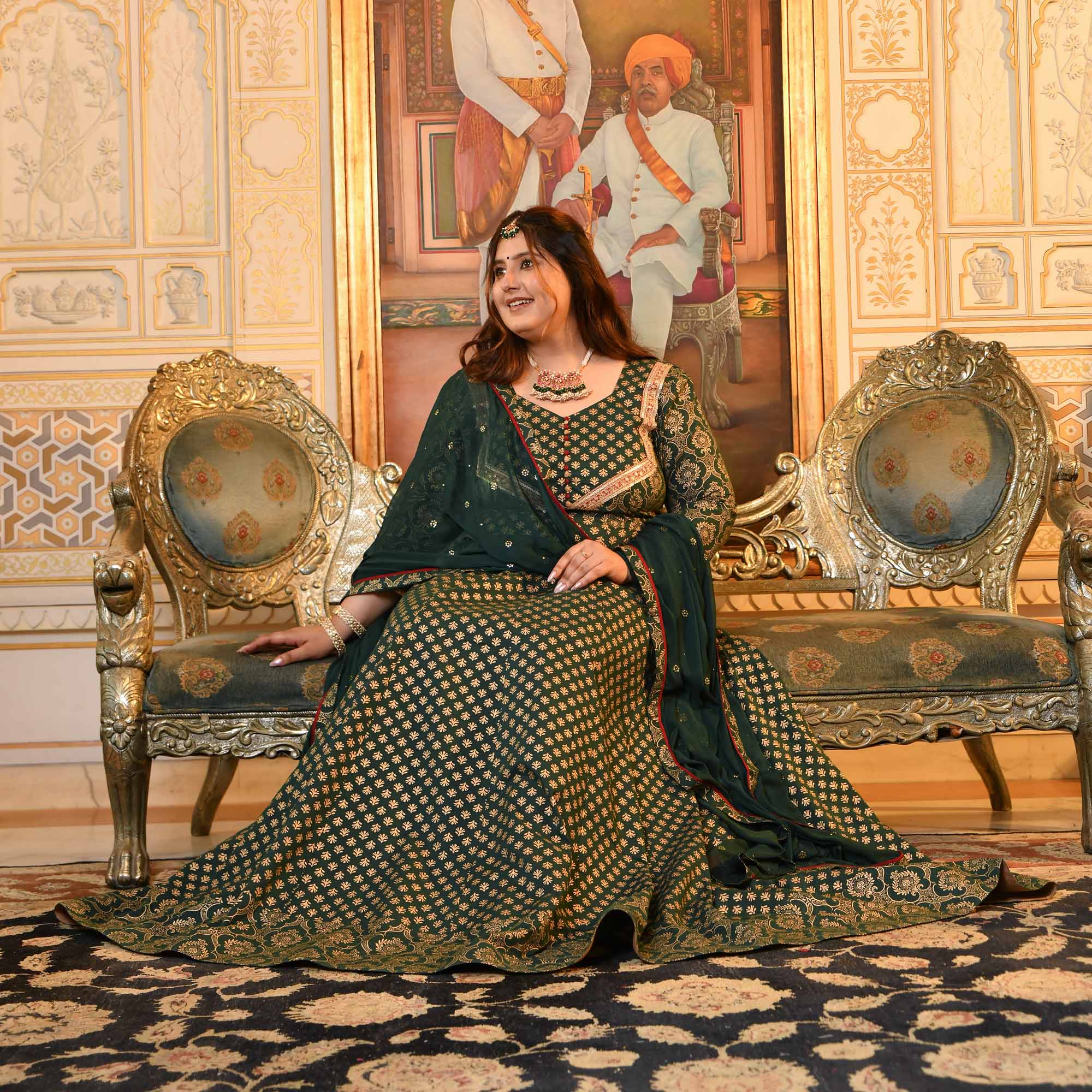 Sajda- Bottle Green & Gold Sequin Embroidered Cotton Anarkali