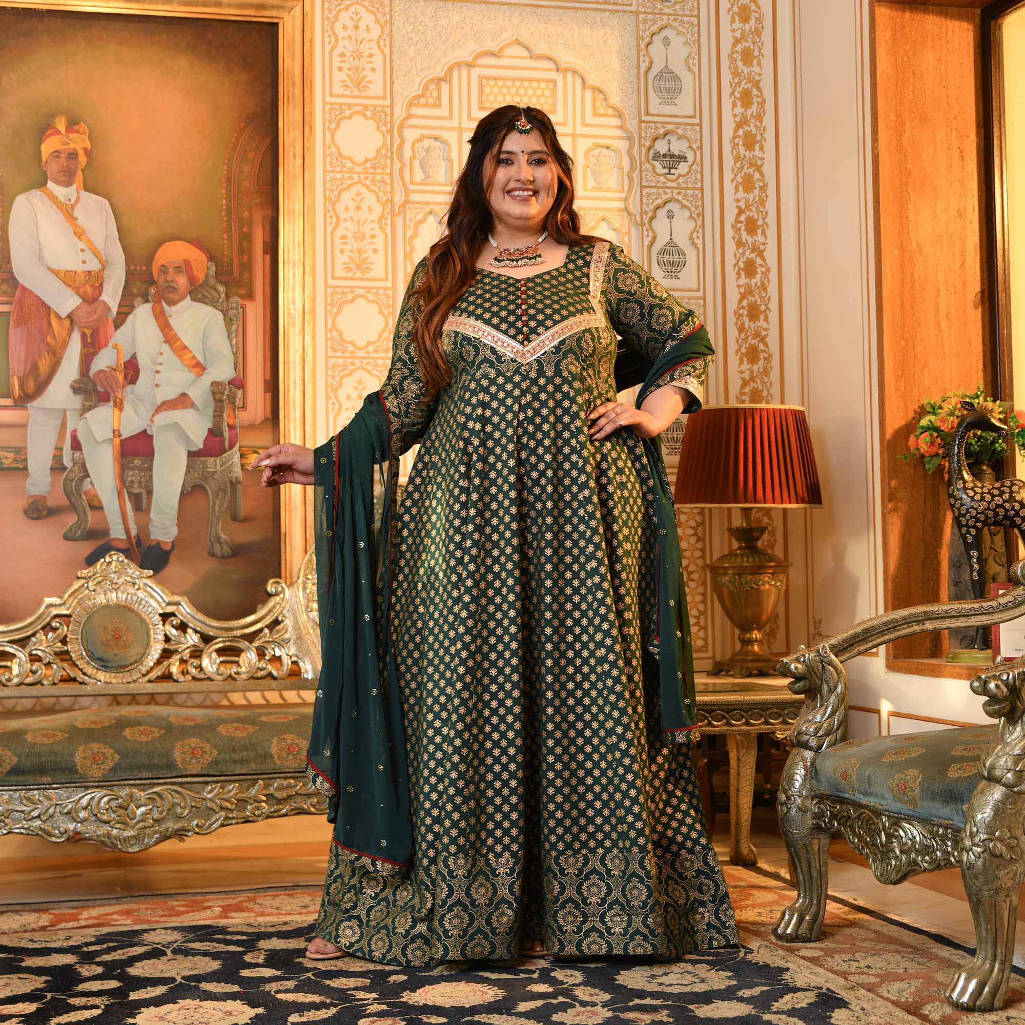 Sajda- Bottle Green & Gold Sequin Embroidered Cotton Anarkali