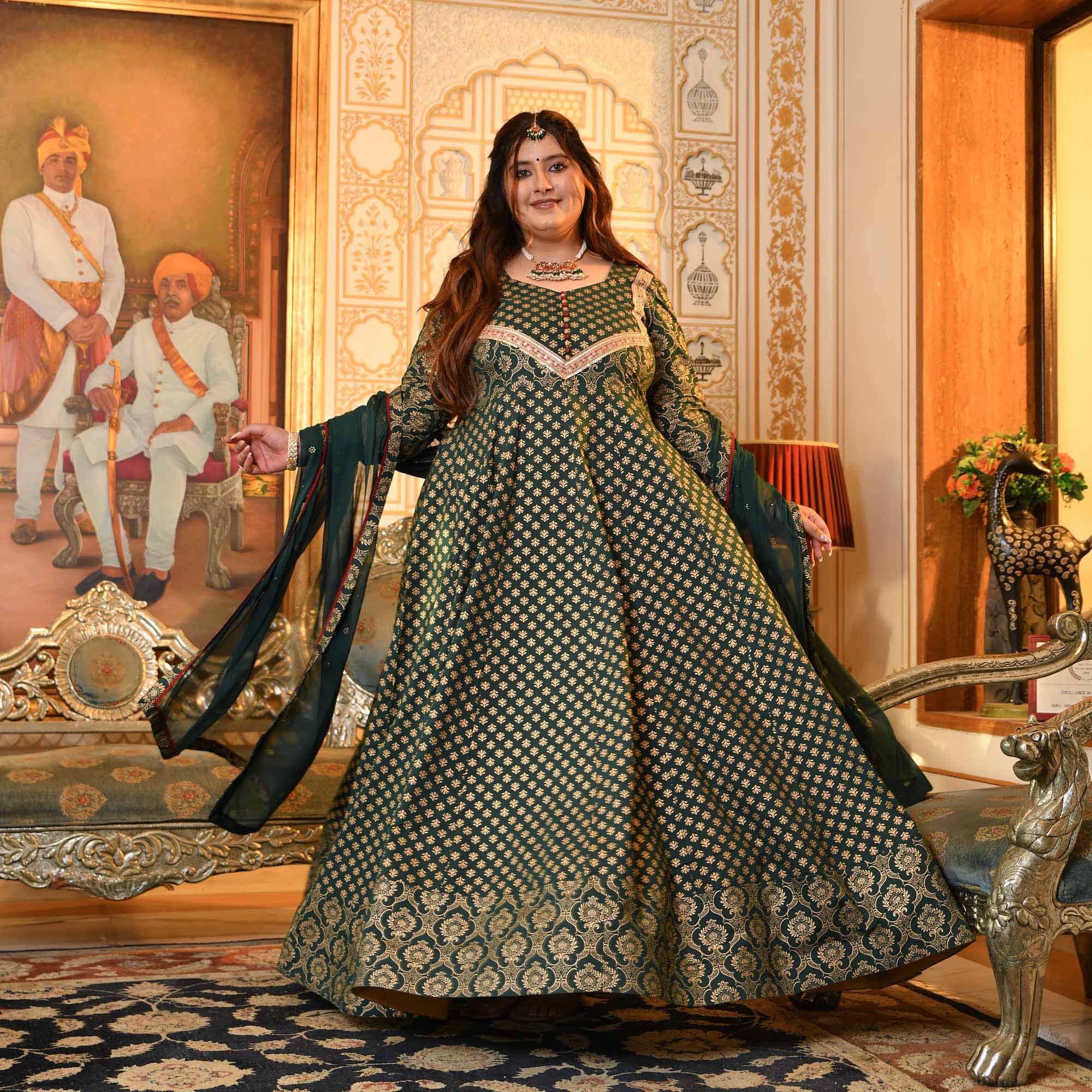 Sajda- Bottle Green & Gold Sequin Embroidered Cotton Anarkali