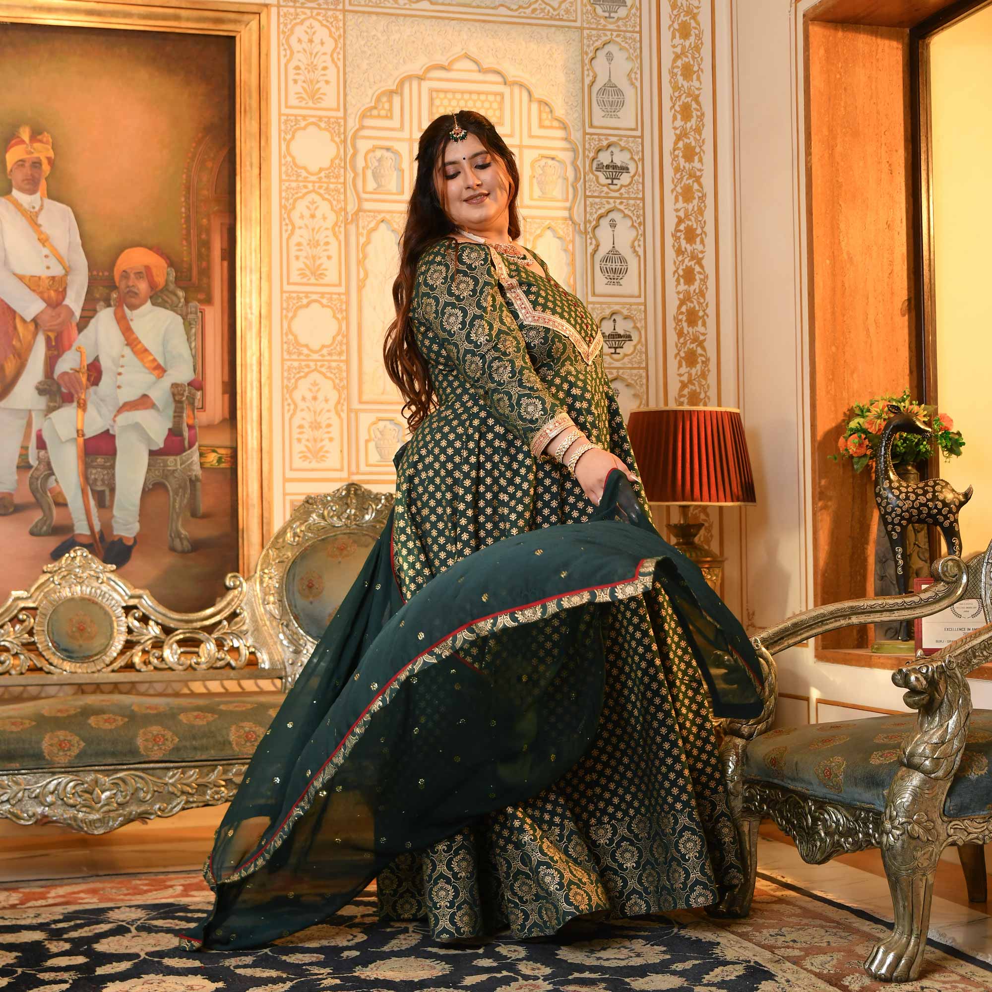 Sajda- Bottle Green & Gold Sequin Embroidered Cotton Anarkali