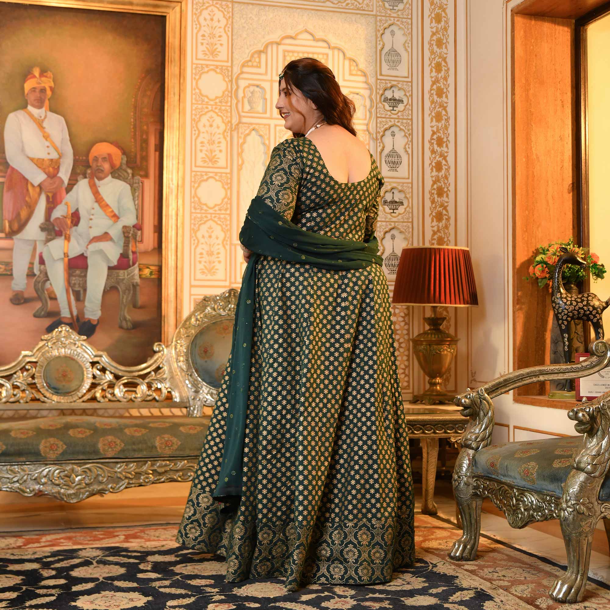 Sajda- Bottle Green & Gold Sequin Embroidered Cotton Anarkali