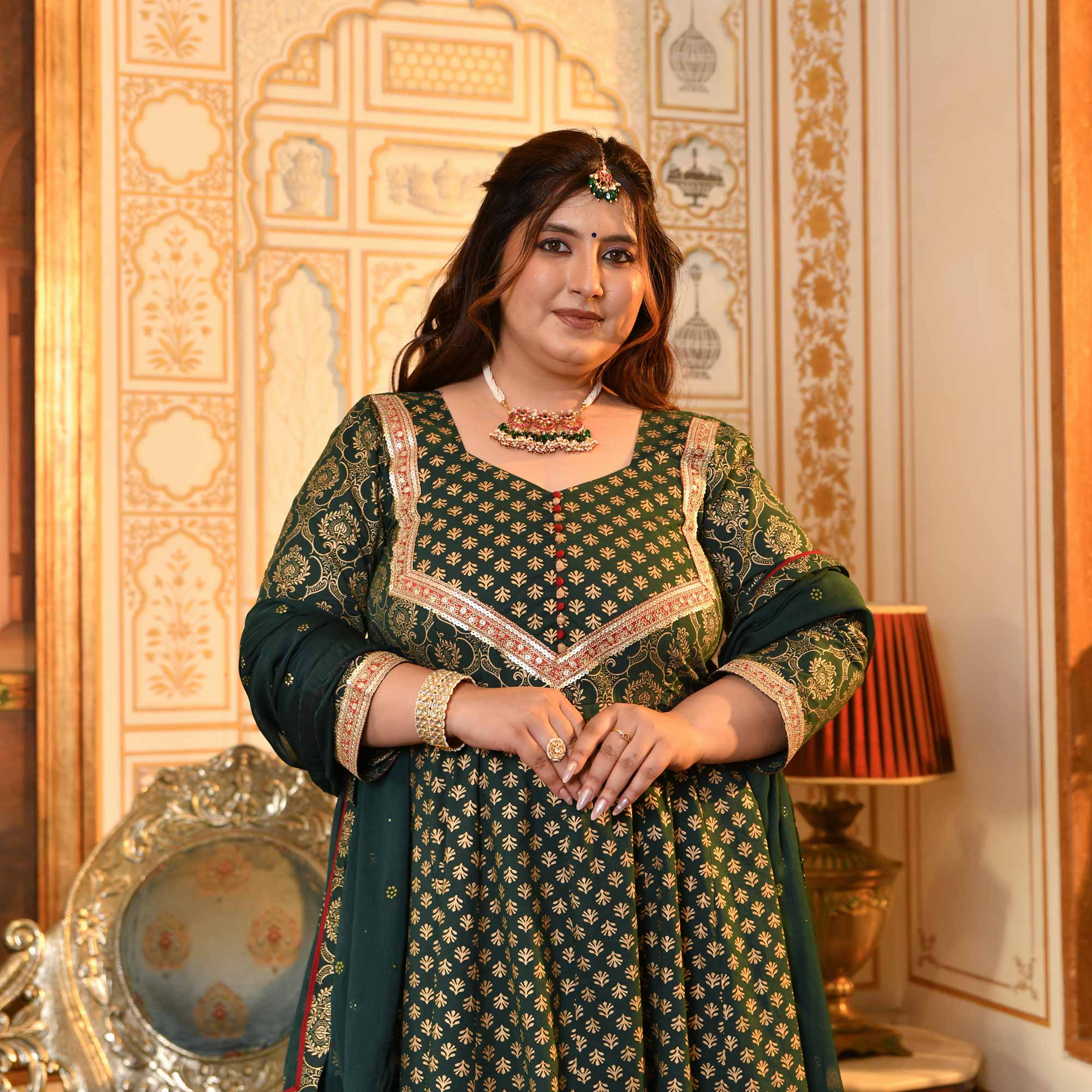 Sajda- Bottle Green & Gold Sequin Embroidered Cotton Anarkali