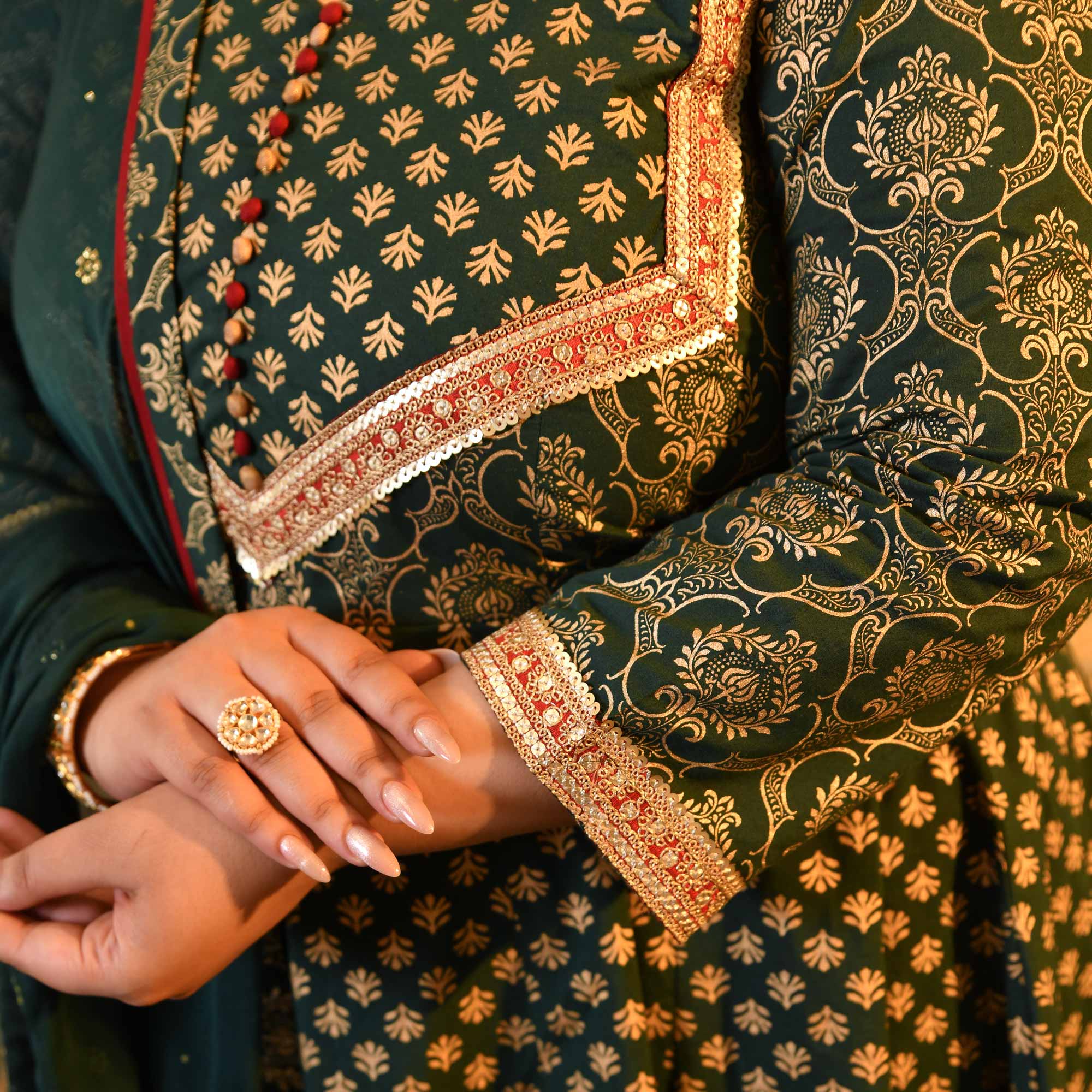 Sajda- Bottle Green & Gold Sequin Embroidered Cotton Anarkali