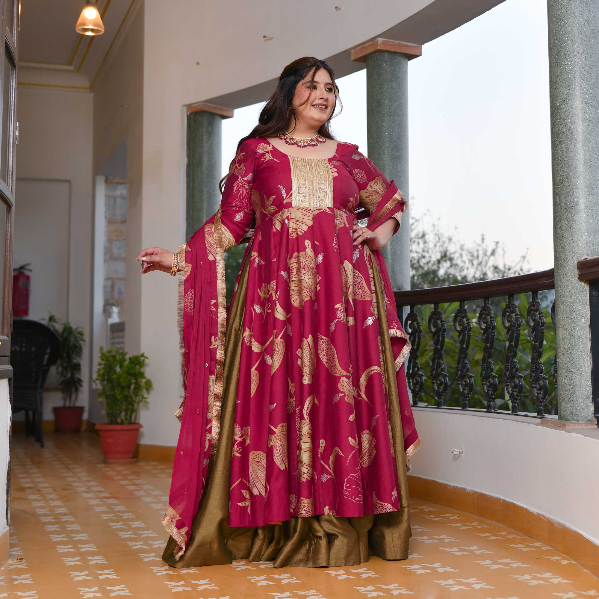Shiraz- Magenta Pink & Copper Slit Anarkali Lehenga Set