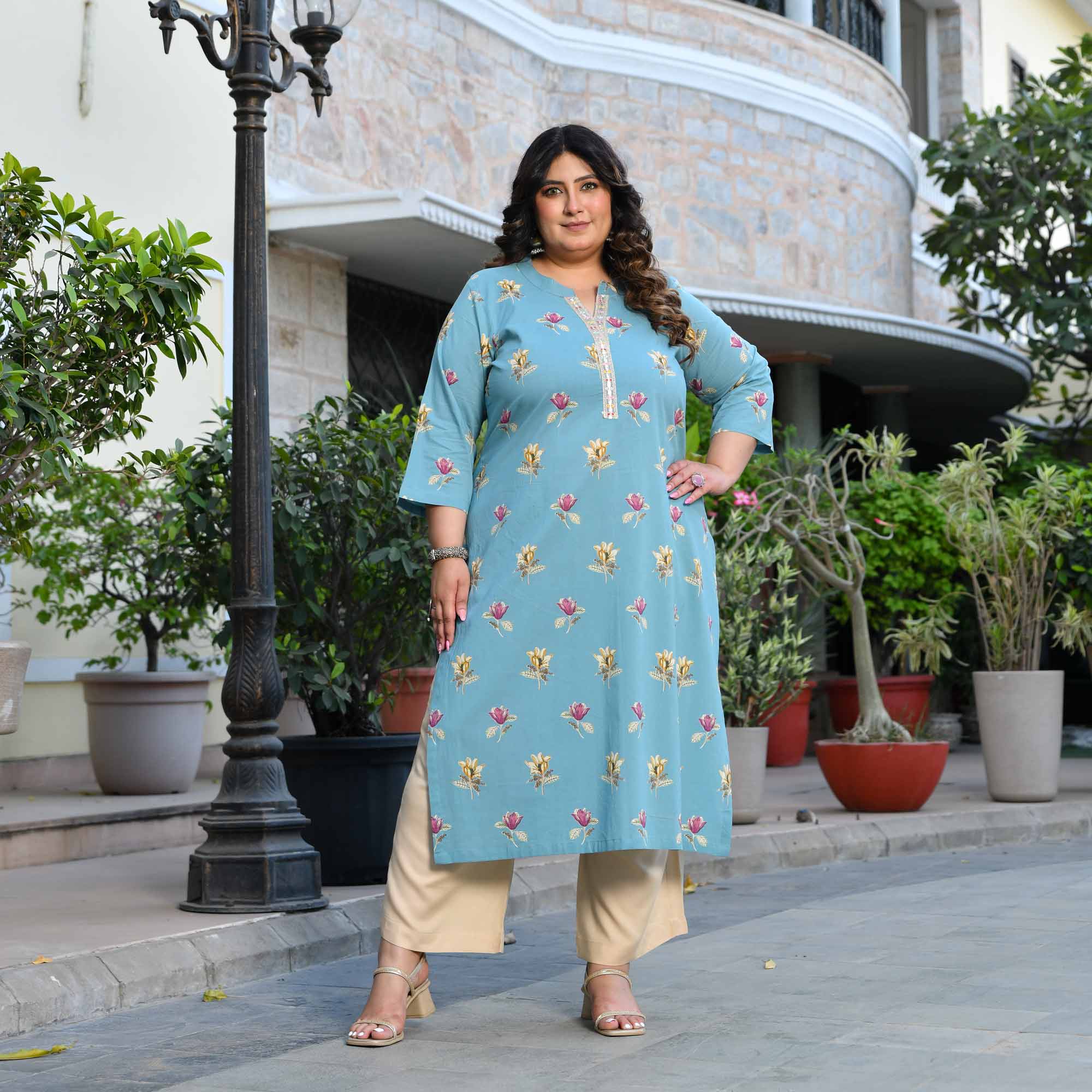 Ocean Scoop- Sky Blue Floral Printed Pure Cotton Kurta