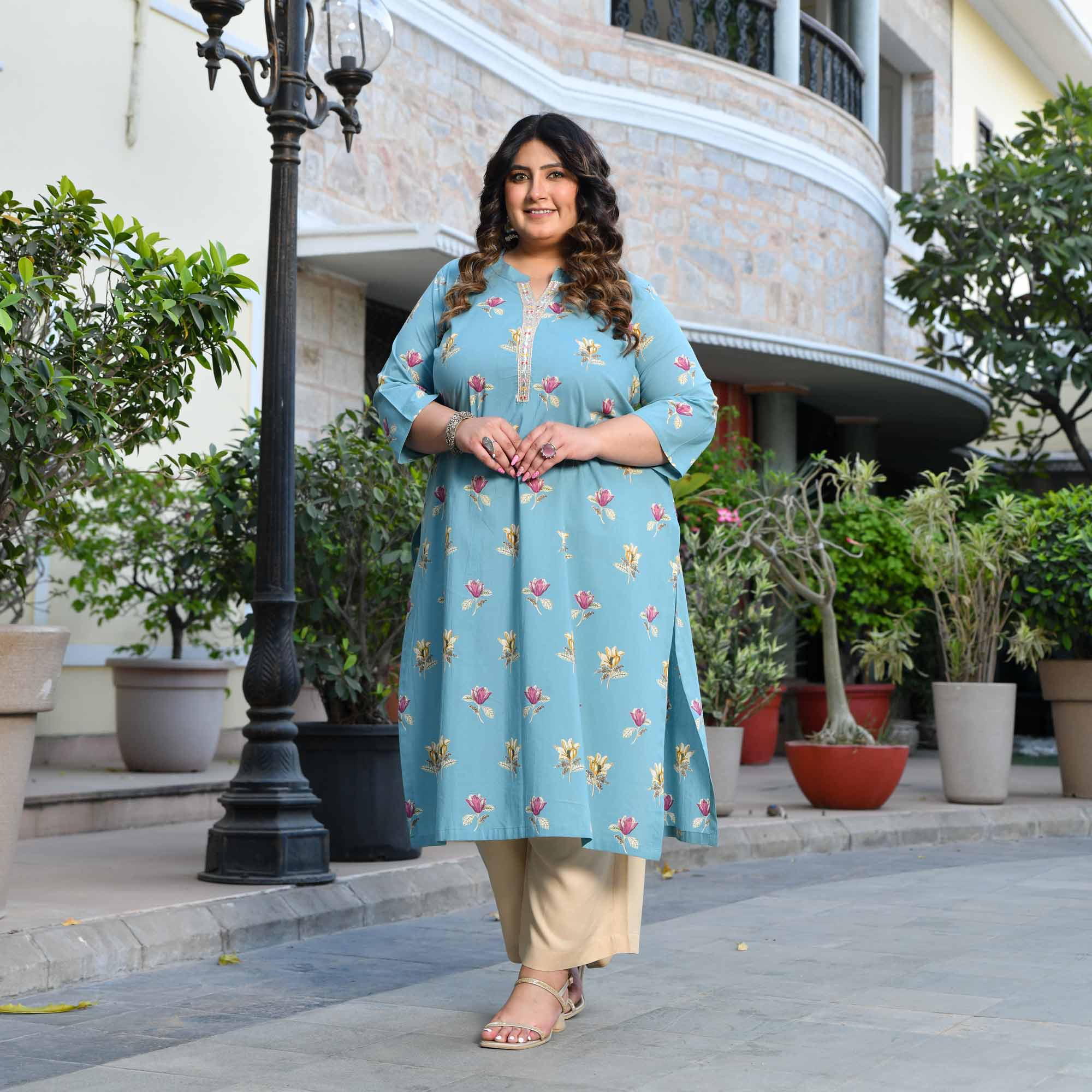 Ocean Scoop- Sky Blue Floral Printed Pure Cotton Kurta