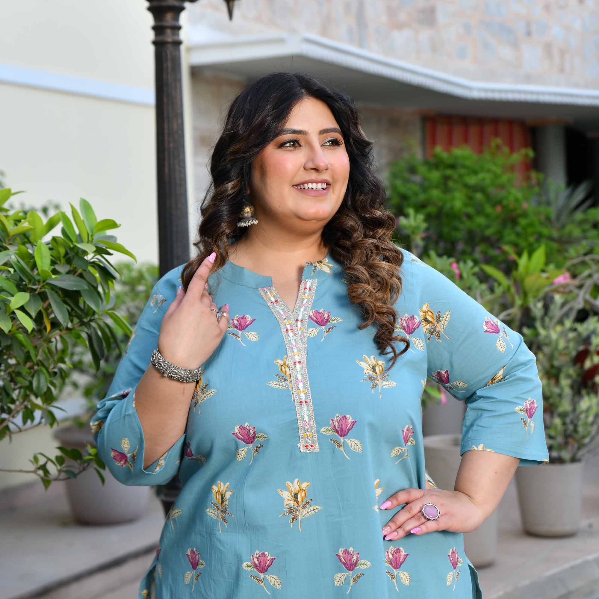 Ocean Scoop- Sky Blue Floral Printed Pure Cotton Kurta