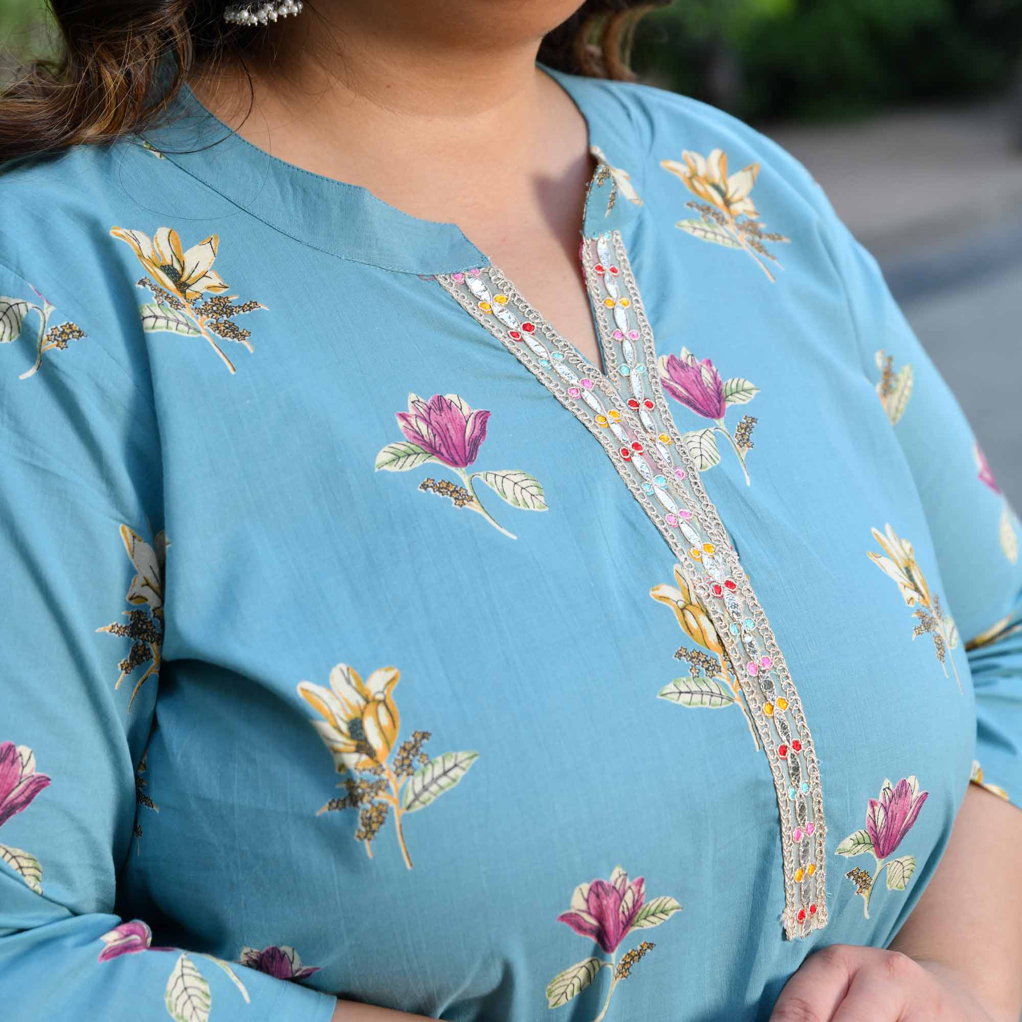 Ocean Scoop- Sky Blue Floral Printed Pure Cotton Kurta