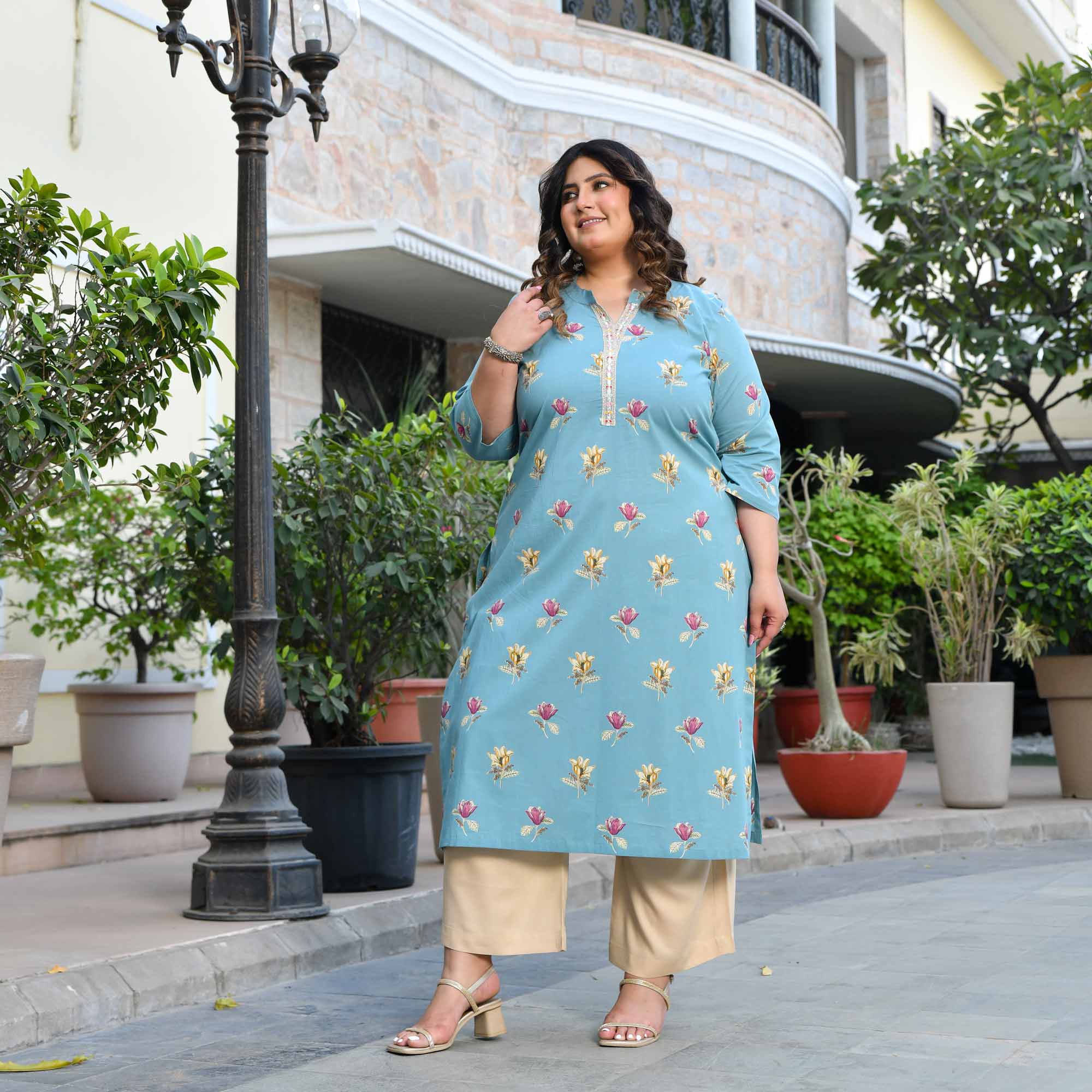 Ocean Scoop- Sky Blue Floral Printed Pure Cotton Kurta