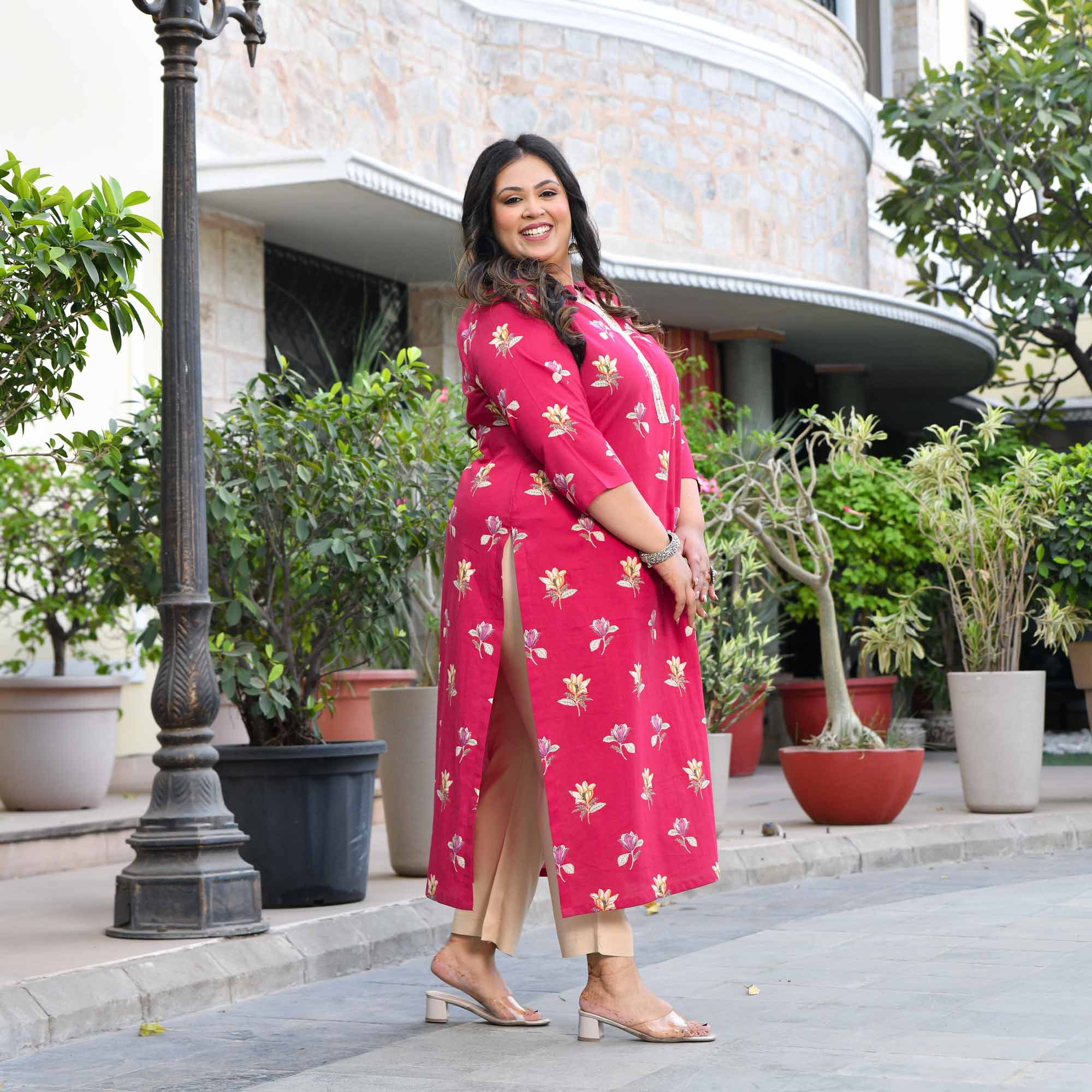 Raspberry Ripple- Fuscia Pink Floral Printed Pure Cotton Kurta