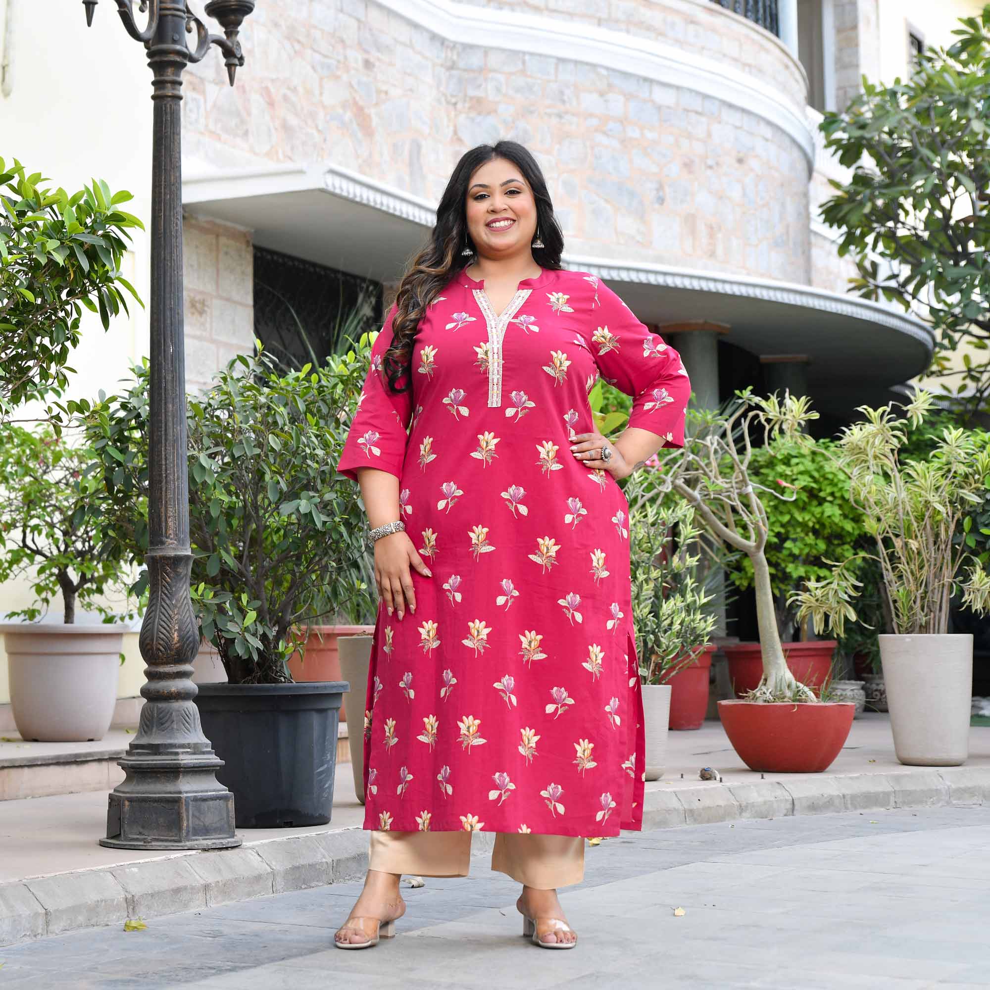 Raspberry Ripple- Fuscia Pink Floral Printed Pure Cotton Kurta