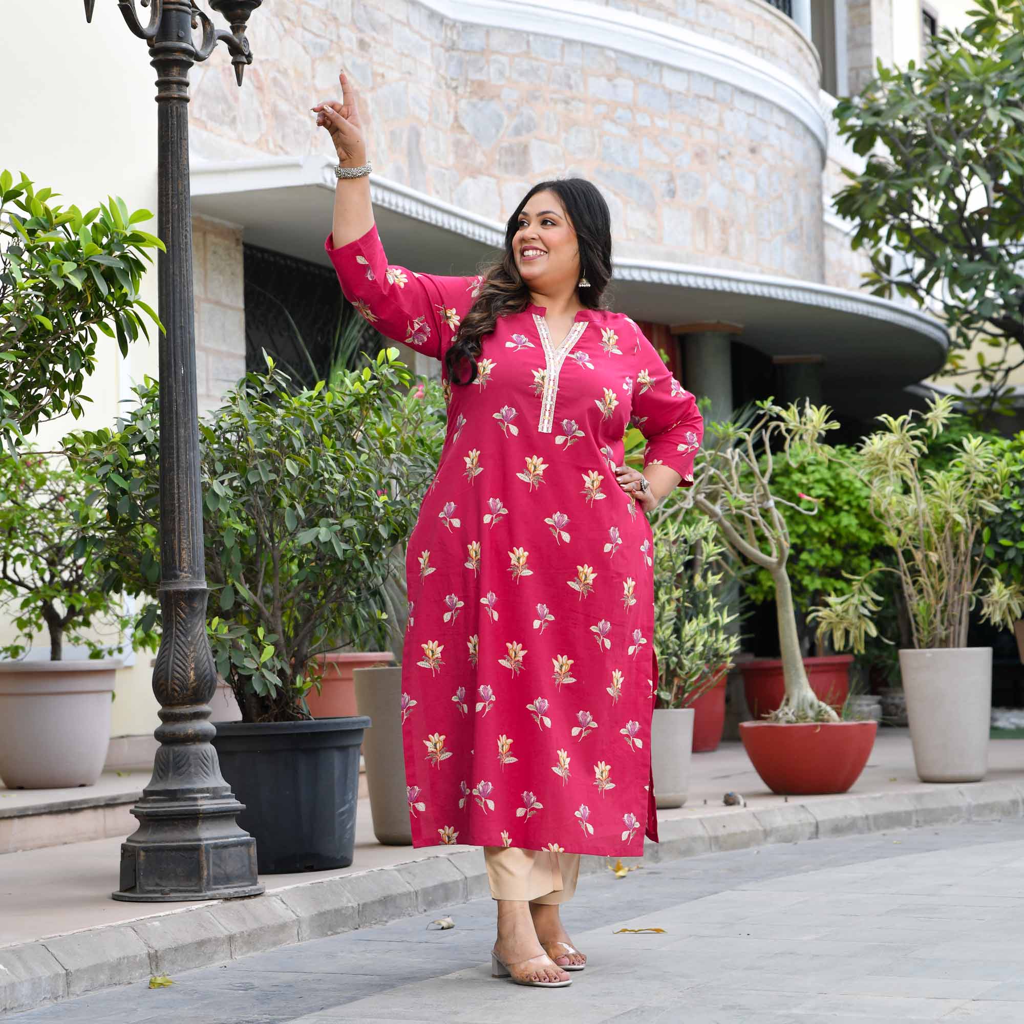 Raspberry Ripple- Fuscia Pink Floral Printed Pure Cotton Kurta
