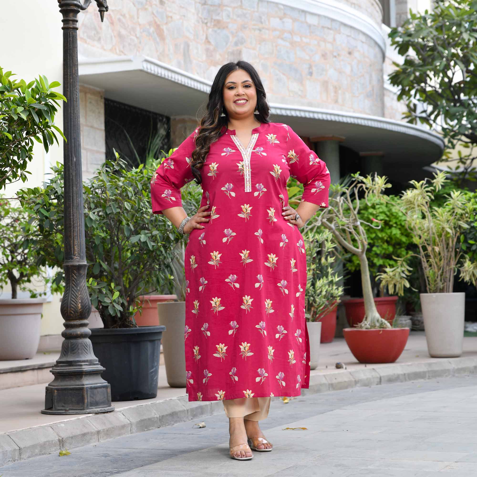 Raspberry Ripple- Fuscia Pink Floral Printed Pure Cotton Kurta