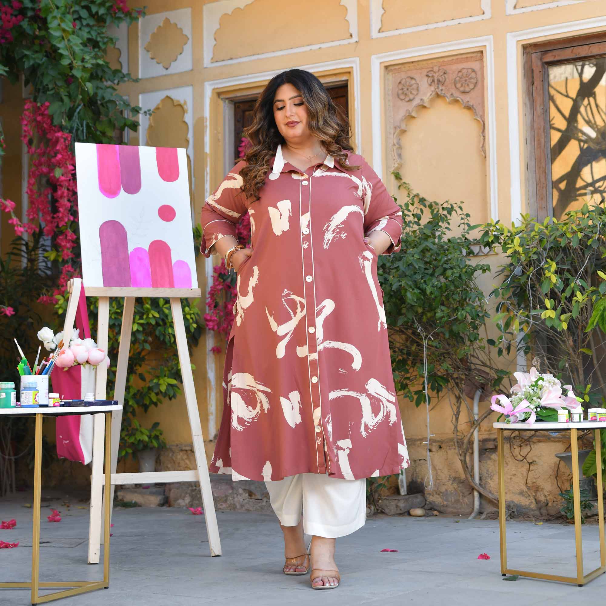 Falooda- Onion Pink Abstract Heavy GSM Rayon Cotton Kurta