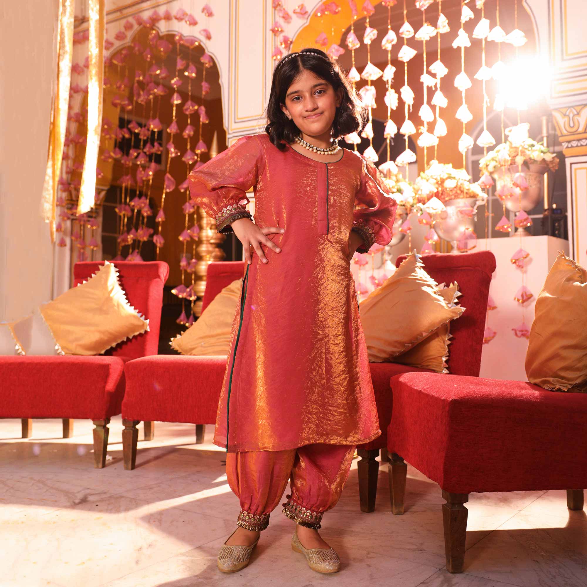 Luxe Red Kids Tissue Kurta Pant Set