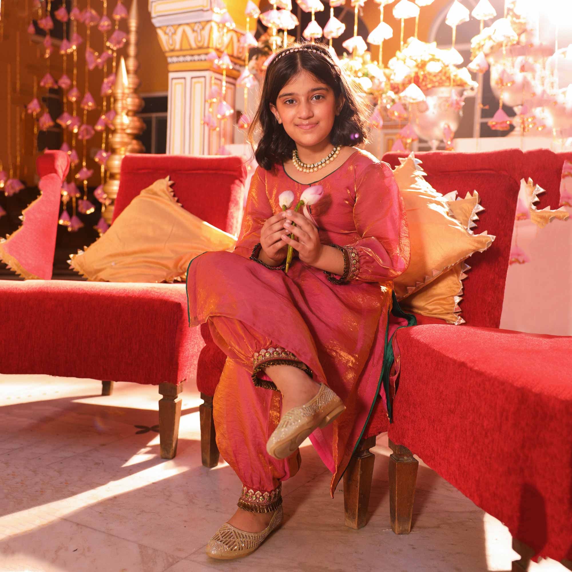 Luxe Red Kids Tissue Kurta Pant Set