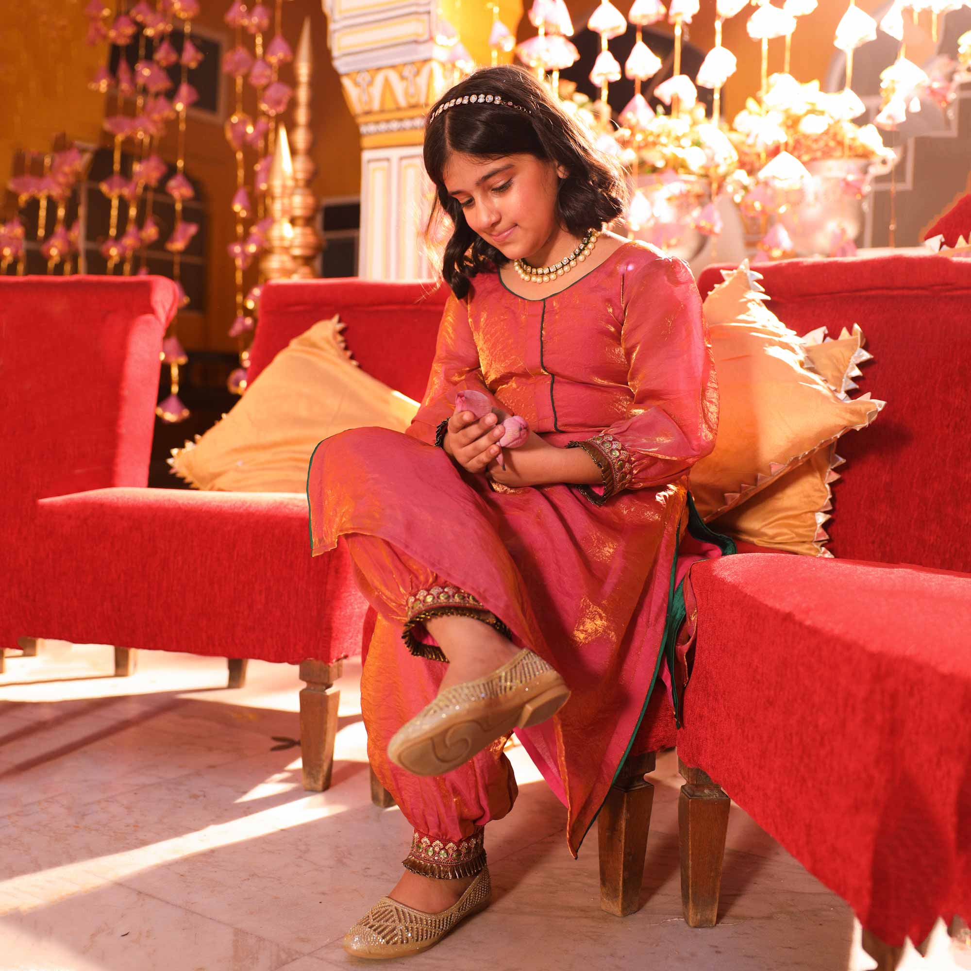 Luxe Red Kids Tissue Kurta Pant Set