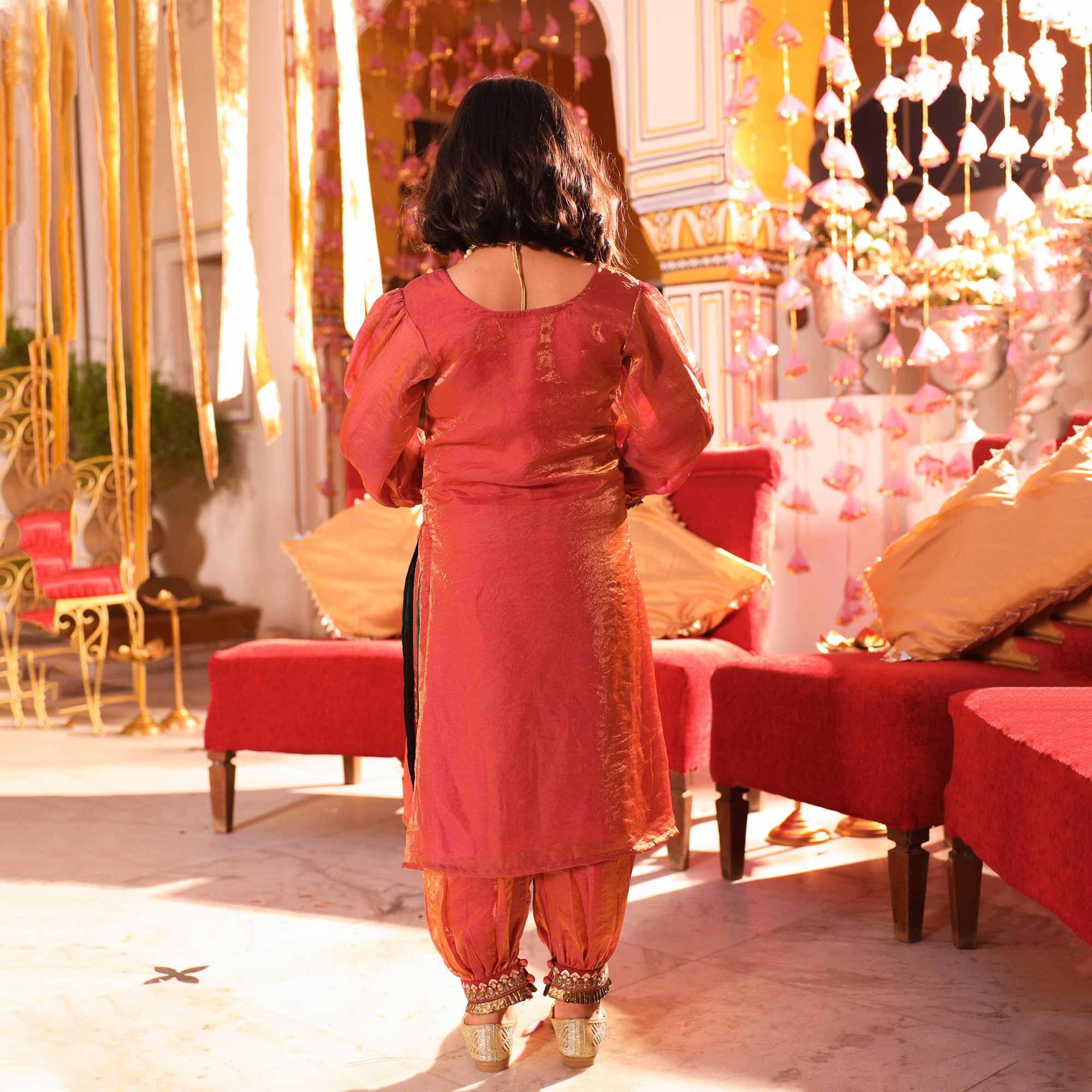 Luxe Red Kids Tissue Kurta Pant Set