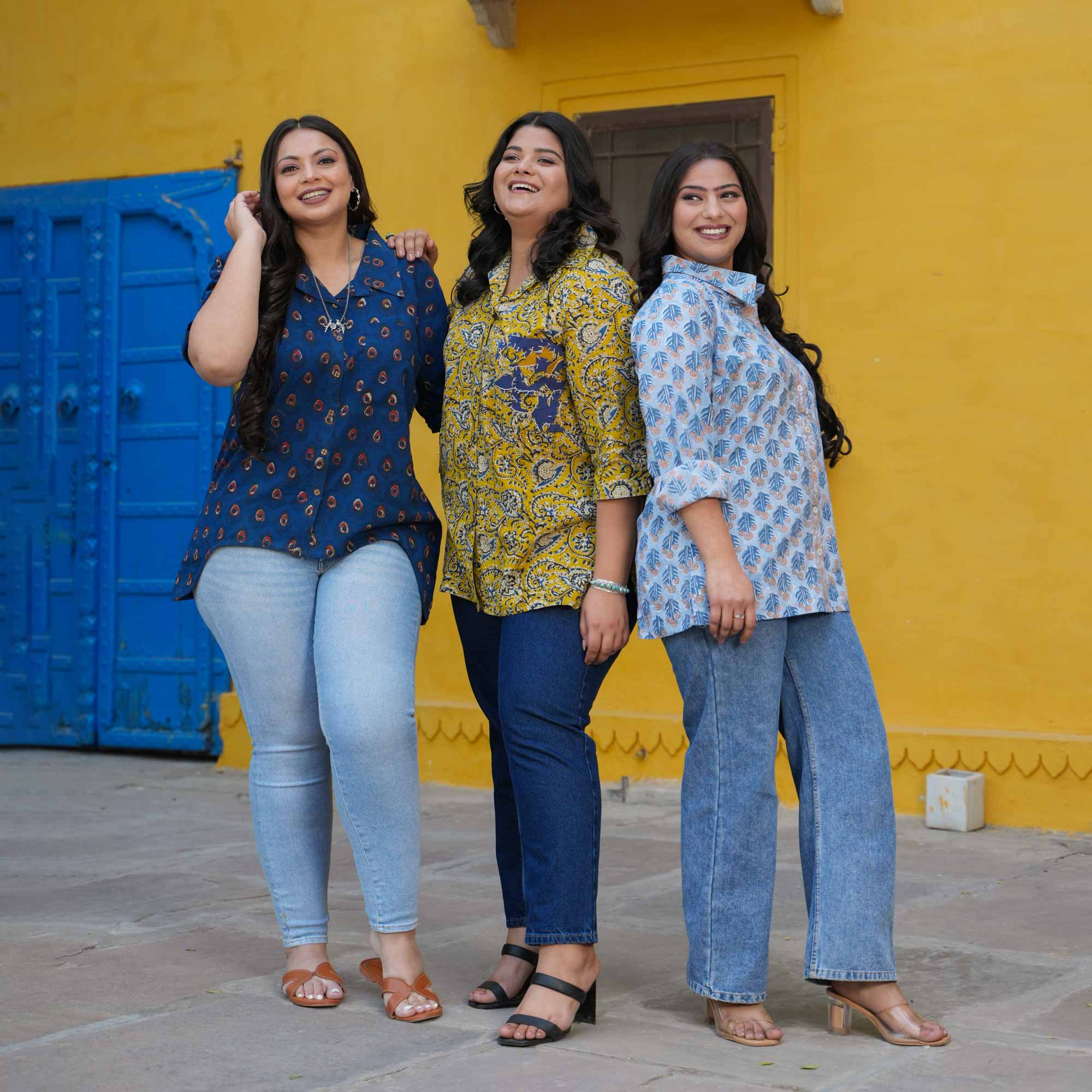 Indigo Peacock Handblock Printed Assymetrical Cotton Shirt