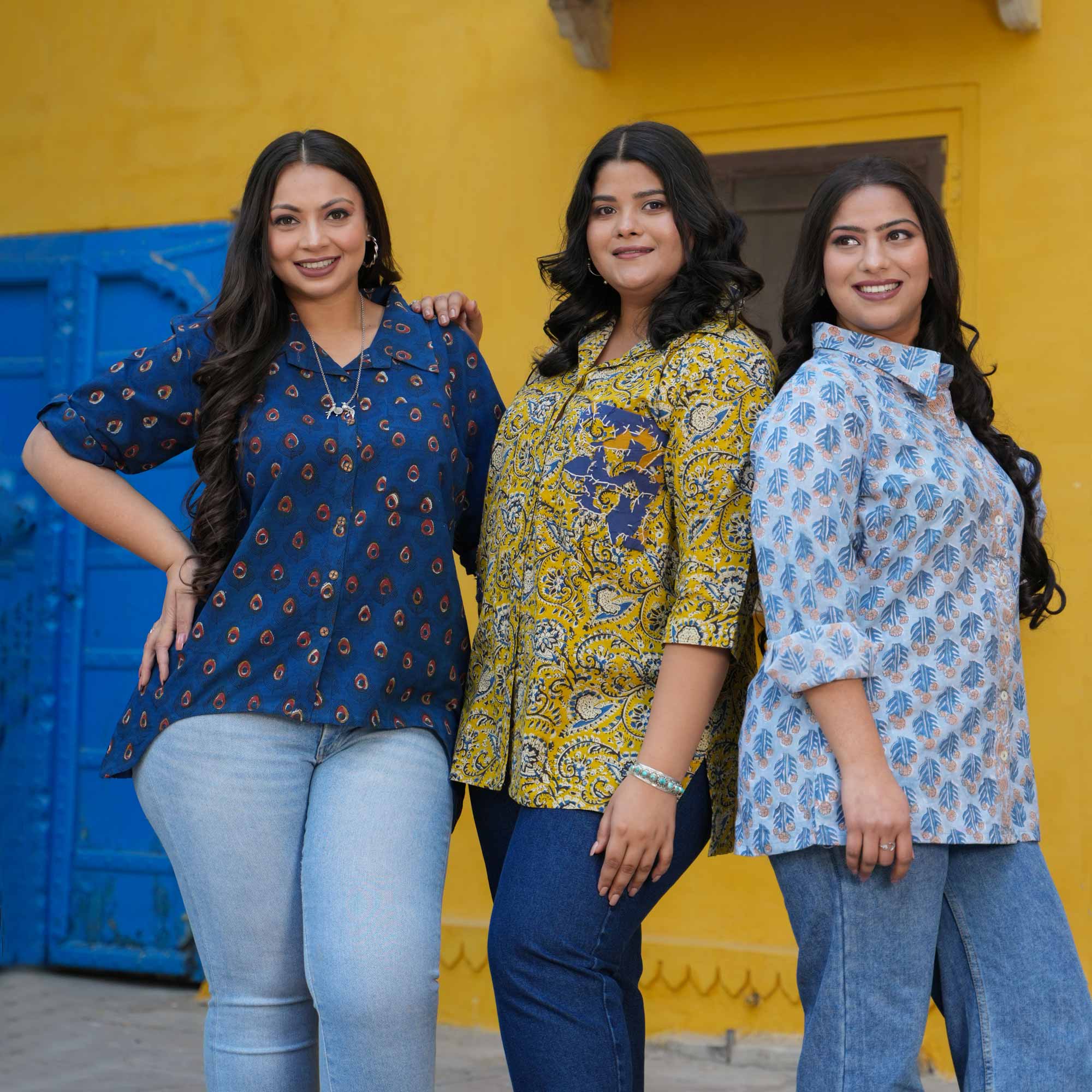 Indigo Peacock Handblock Printed Assymetrical Cotton Shirt