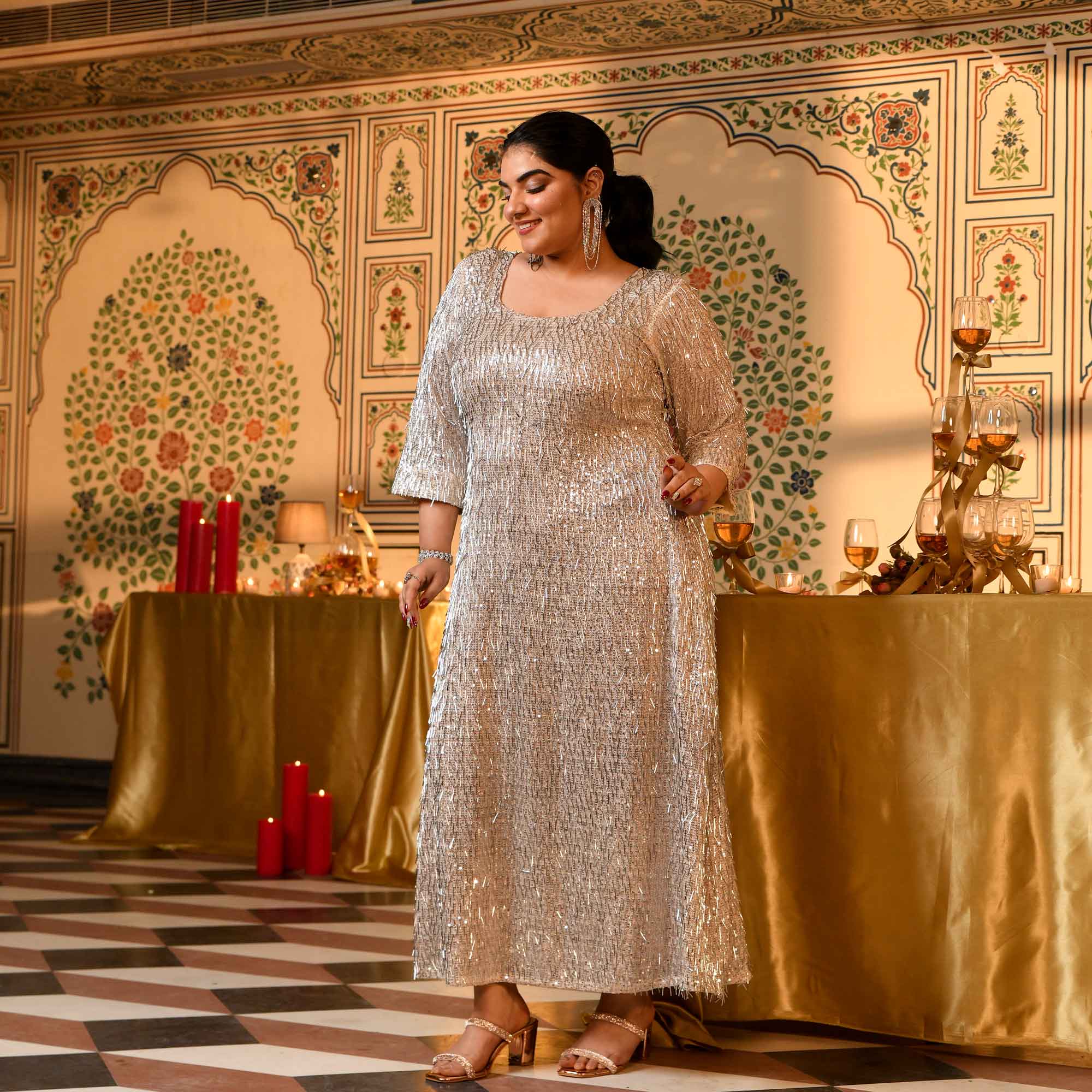 Platinum- Silver Sequin Embellished Stretchable Lycra Net Dress