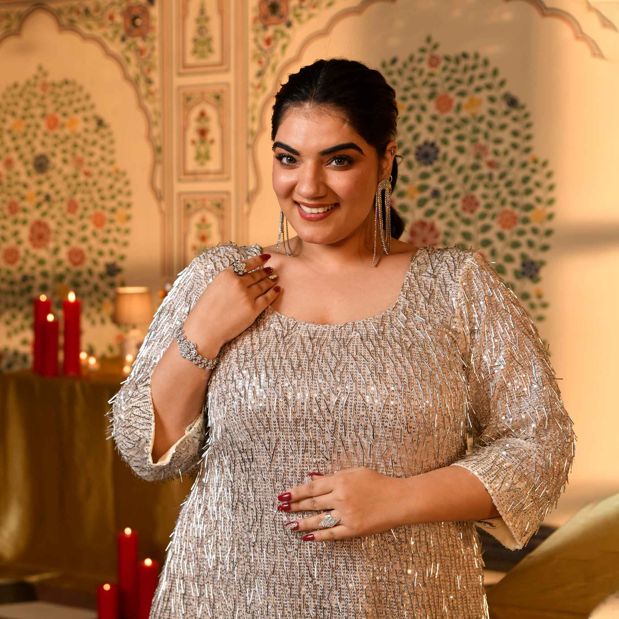 Platinum- Silver Sequin Embellished Stretchable Lycra Net Dress