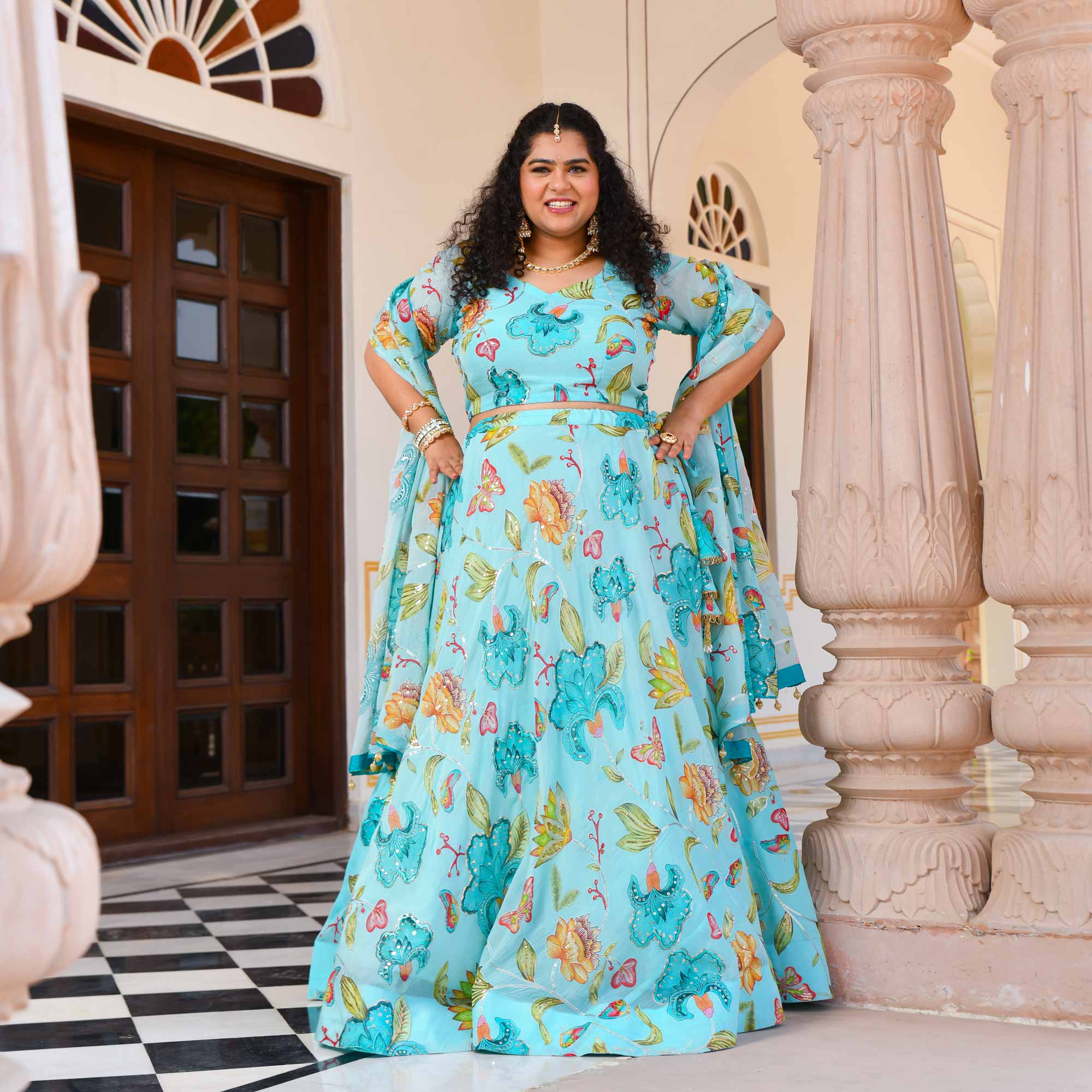 Dreamy Sky Floral Sequin Embroidered Pure Organza Lehenga Set