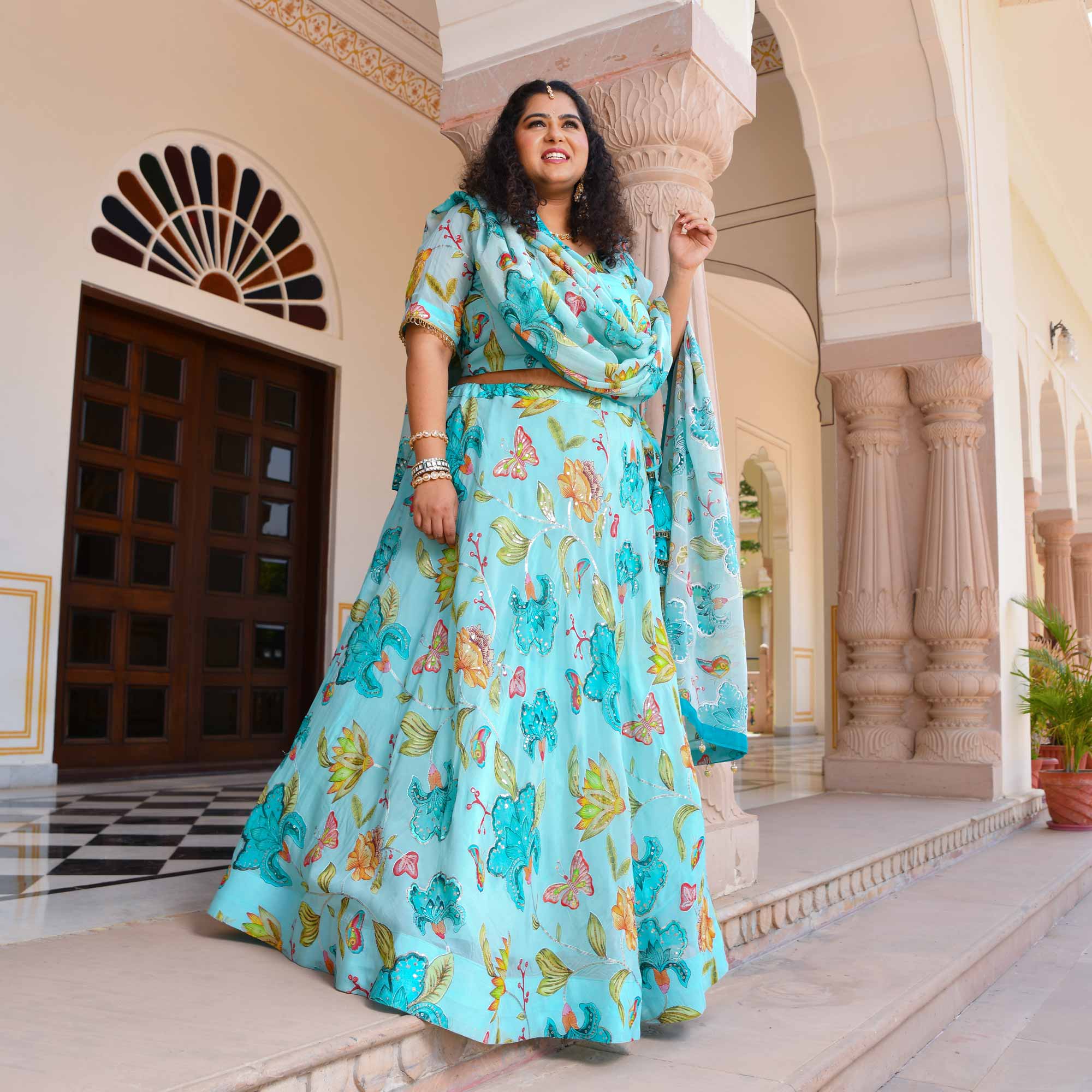 Dreamy Sky Floral Sequin Embroidered Pure Organza Lehenga Set