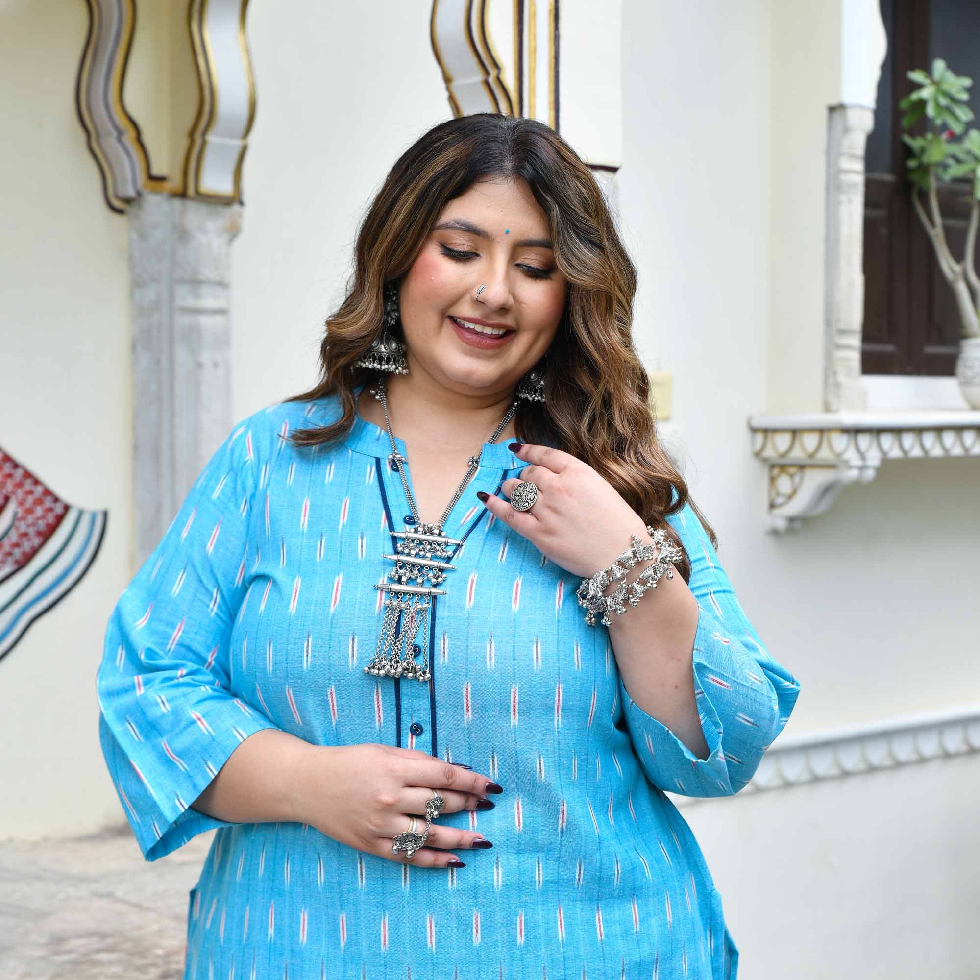 Megh- Sky Blue Ikat Handwoven Organic Cotton Kurta