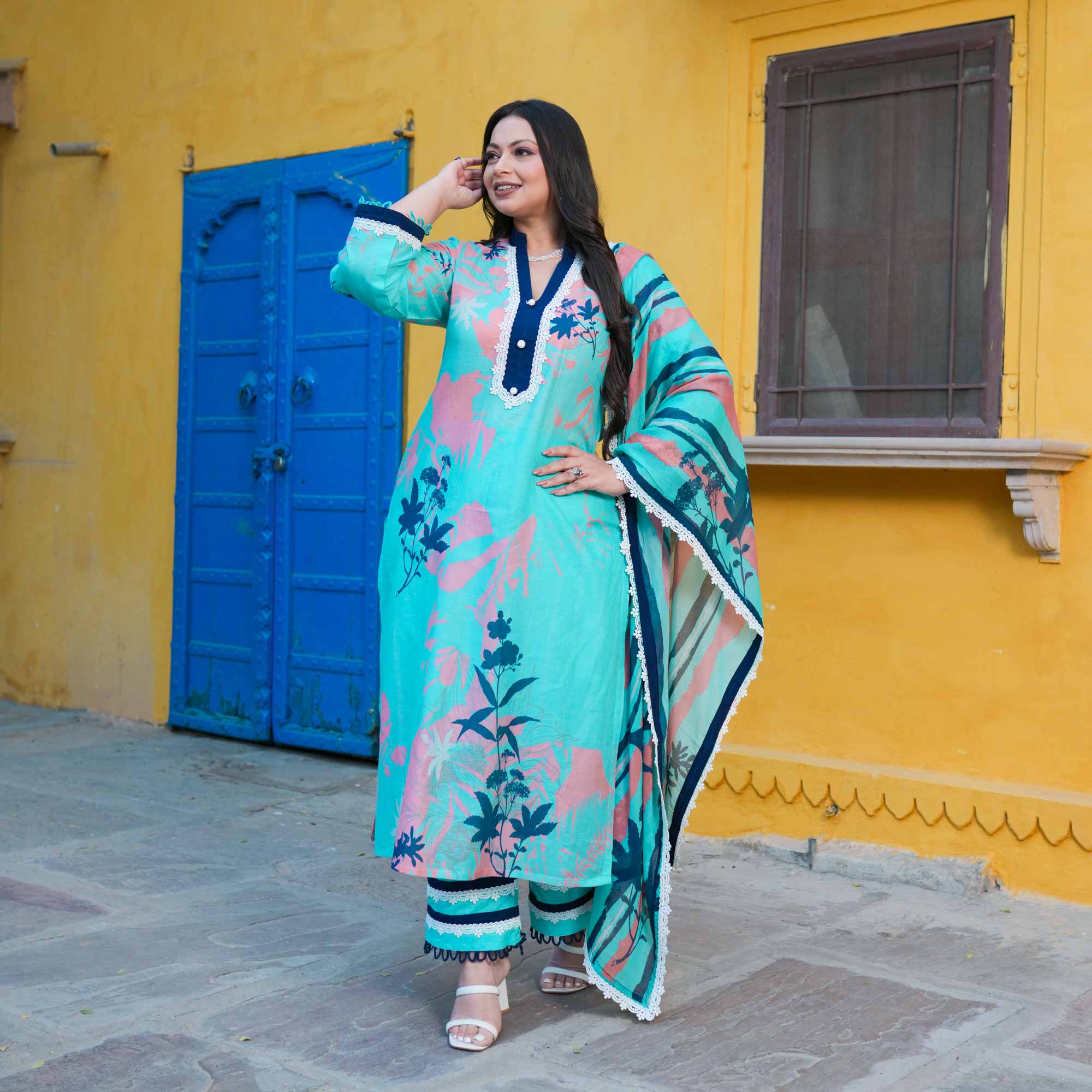 Aqua Petal Delight Summer Story Cotton Suit Set