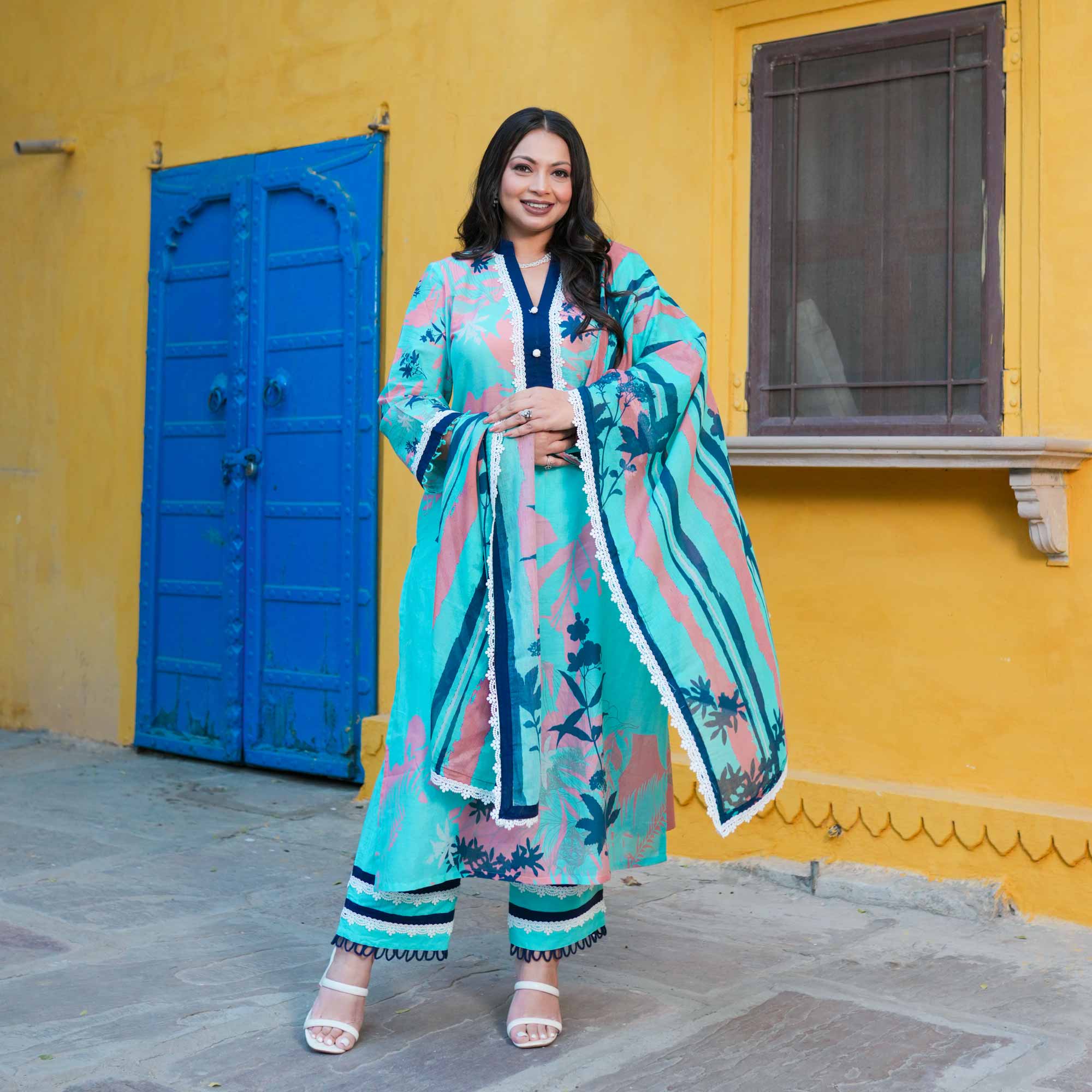 Aqua Petal Delight Summer Story Cotton Suit Set