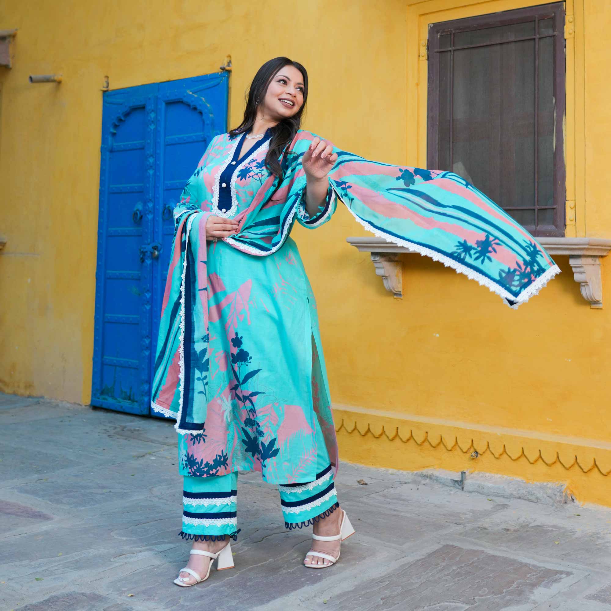 Aqua Petal Delight Summer Story Cotton Suit Set