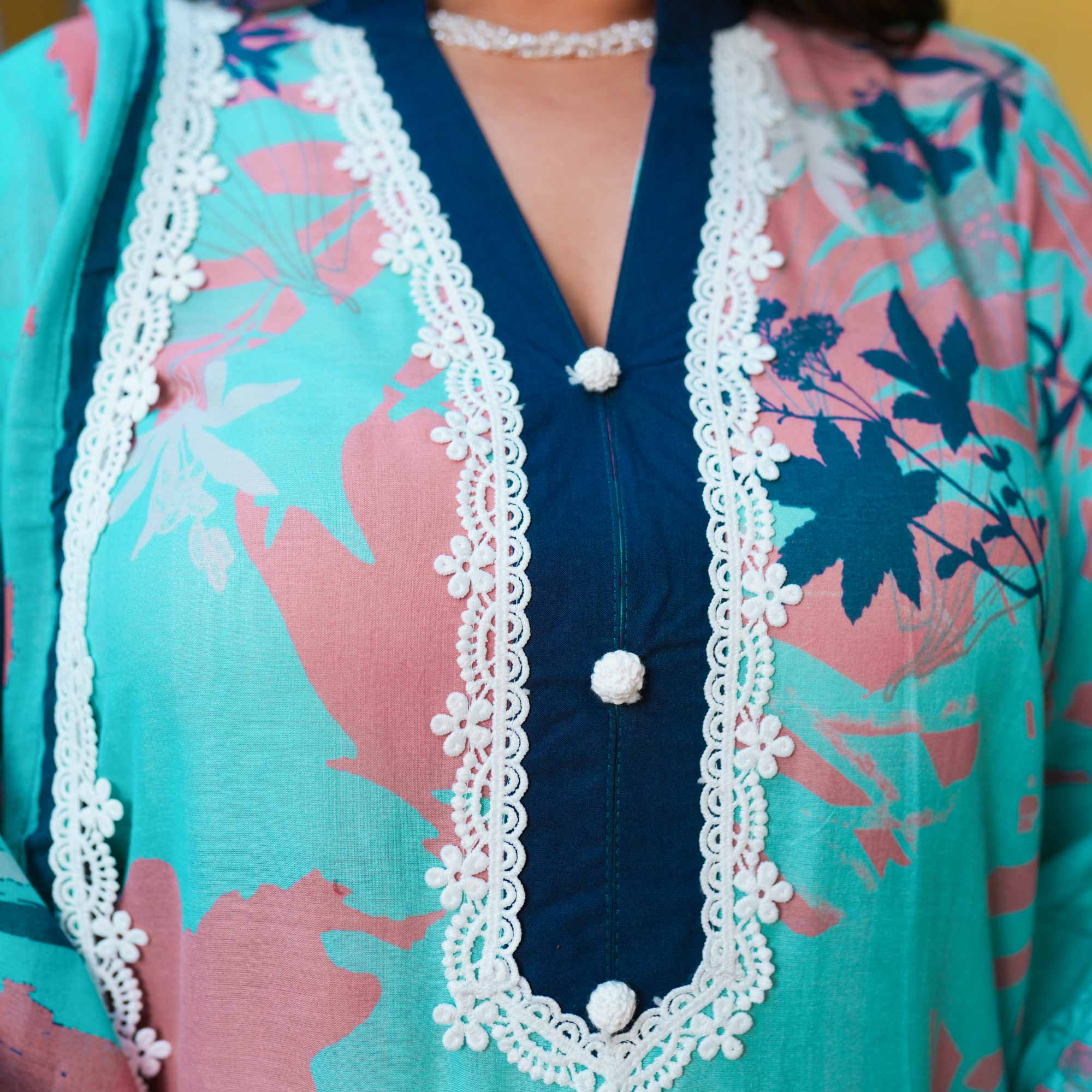 Aqua Petal Delight Summer Story Cotton Suit Set