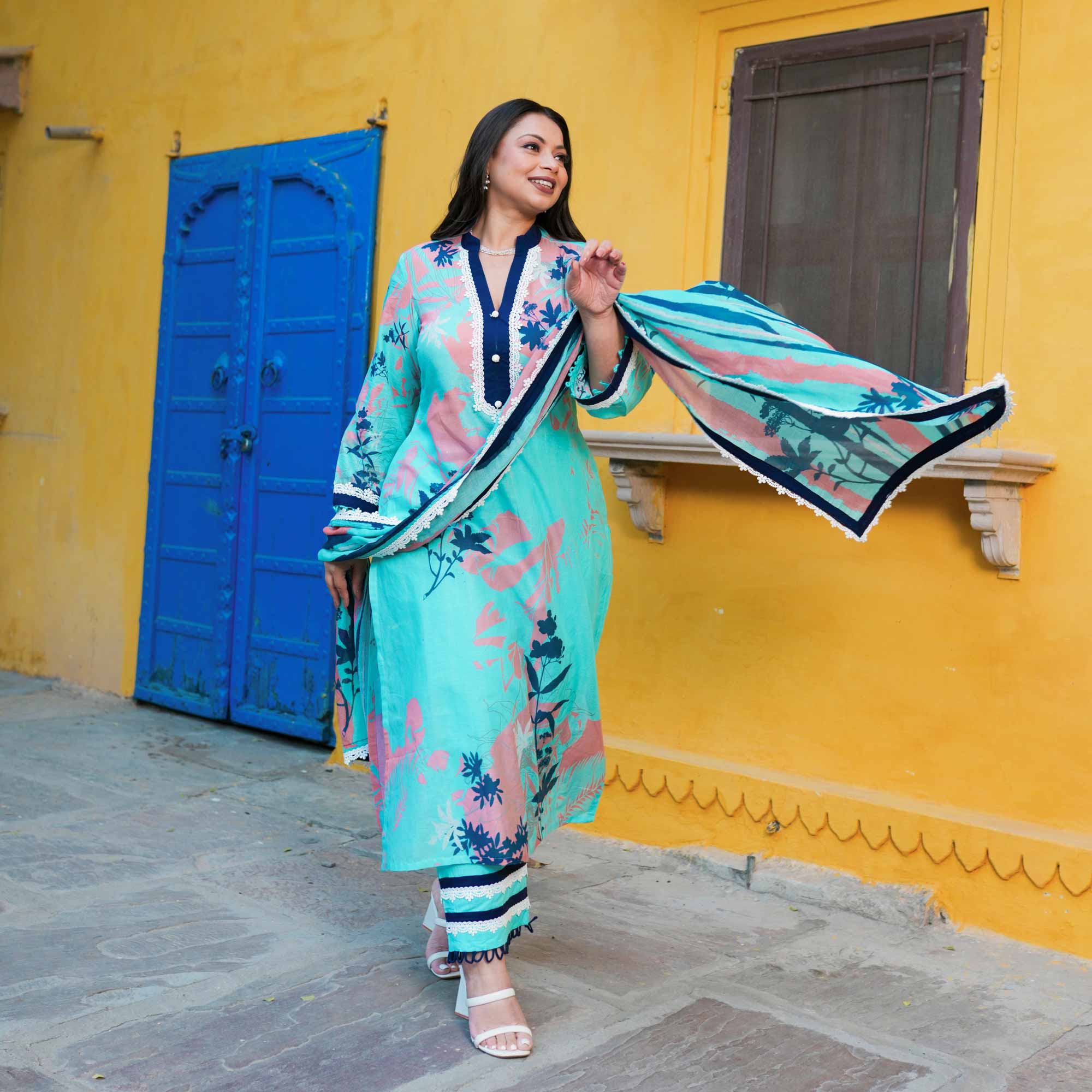 Aqua Petal Delight Summer Story Cotton Suit Set