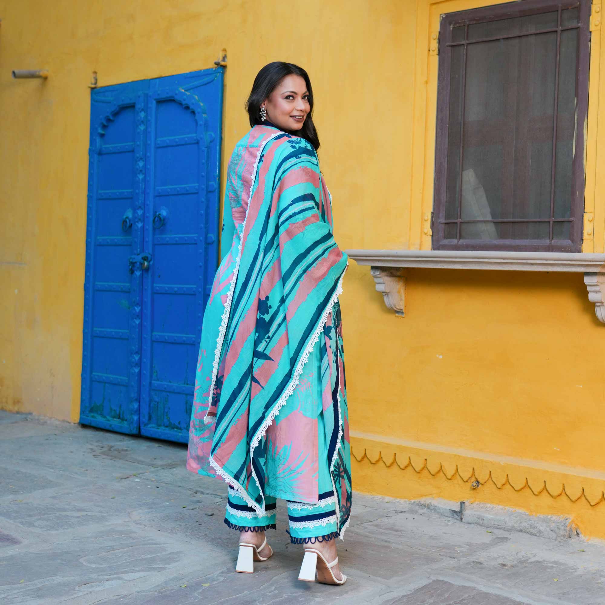 Aqua Petal Delight Summer Story Cotton Suit Set